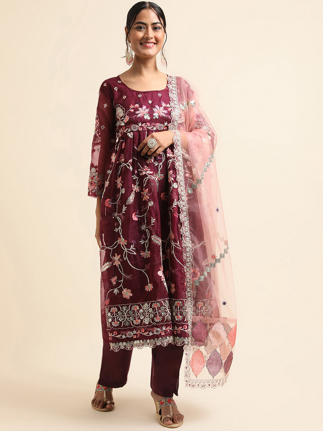 

ODETTE Floral Embroidered Beads and Stones Semi Stitched Dress Material, Violet