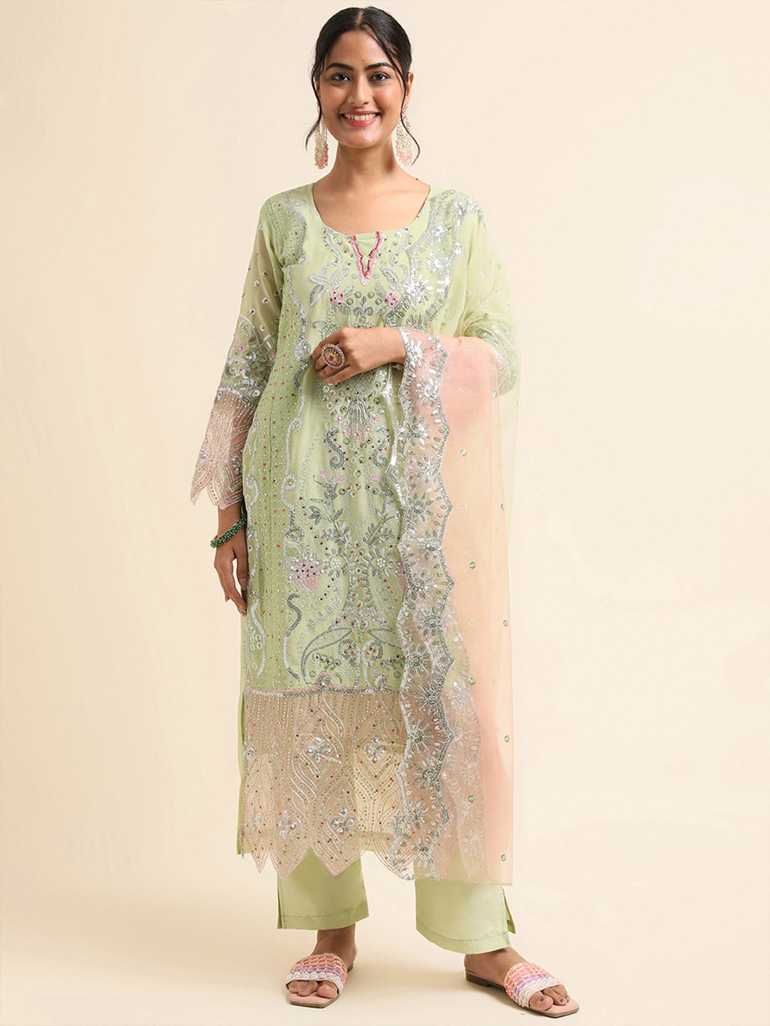 

ODETTE Ethnic Motifs Embroidered Embellished Kurta With Palazzos & Dupatta, Green