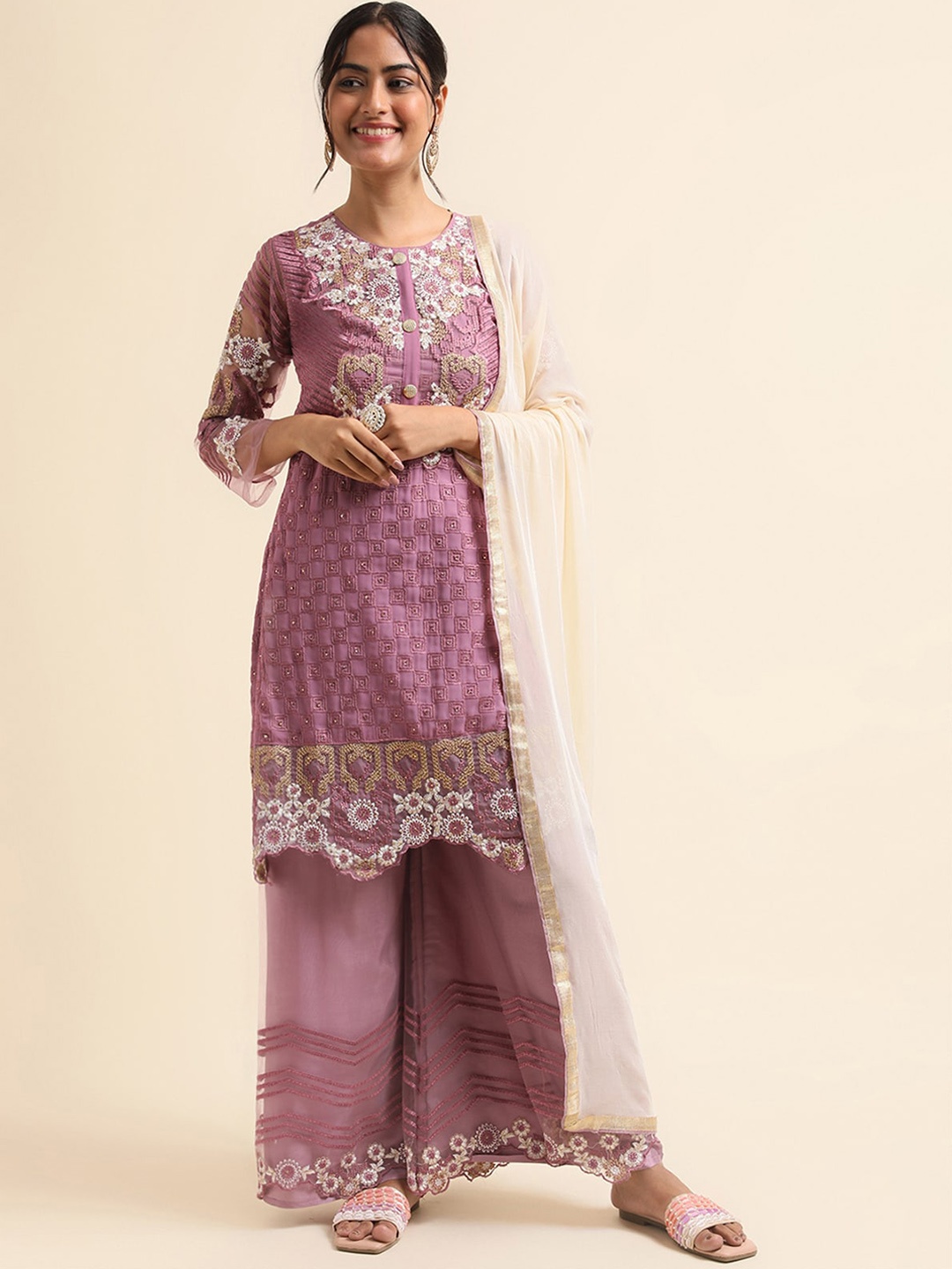 

ODETTE Floral Embroidered Kurta & Sharara With Dupatta, Purple