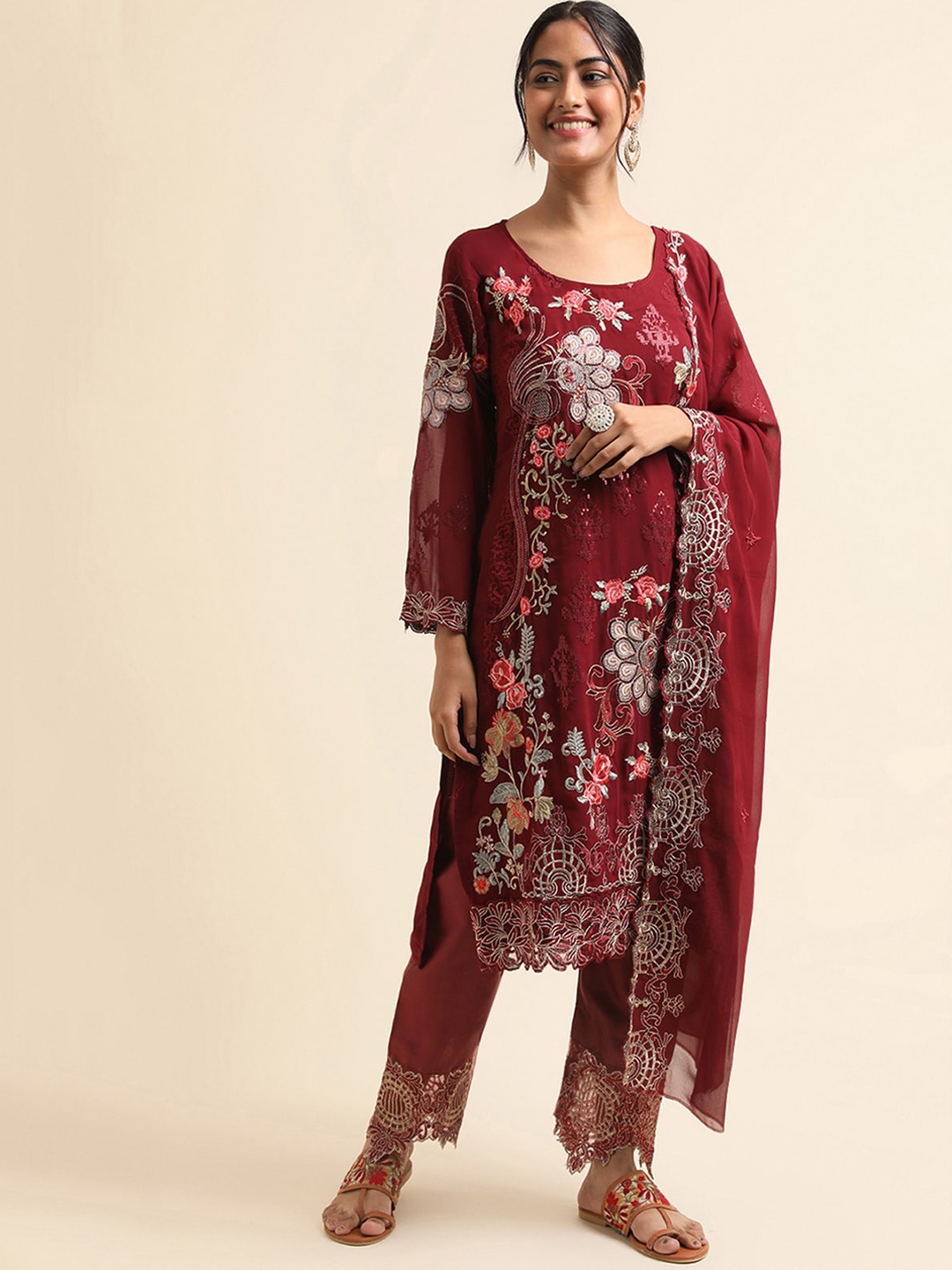 

ODETTE Floral Embroidered Sequinned Kurta With Trousers & Dupatta, Maroon