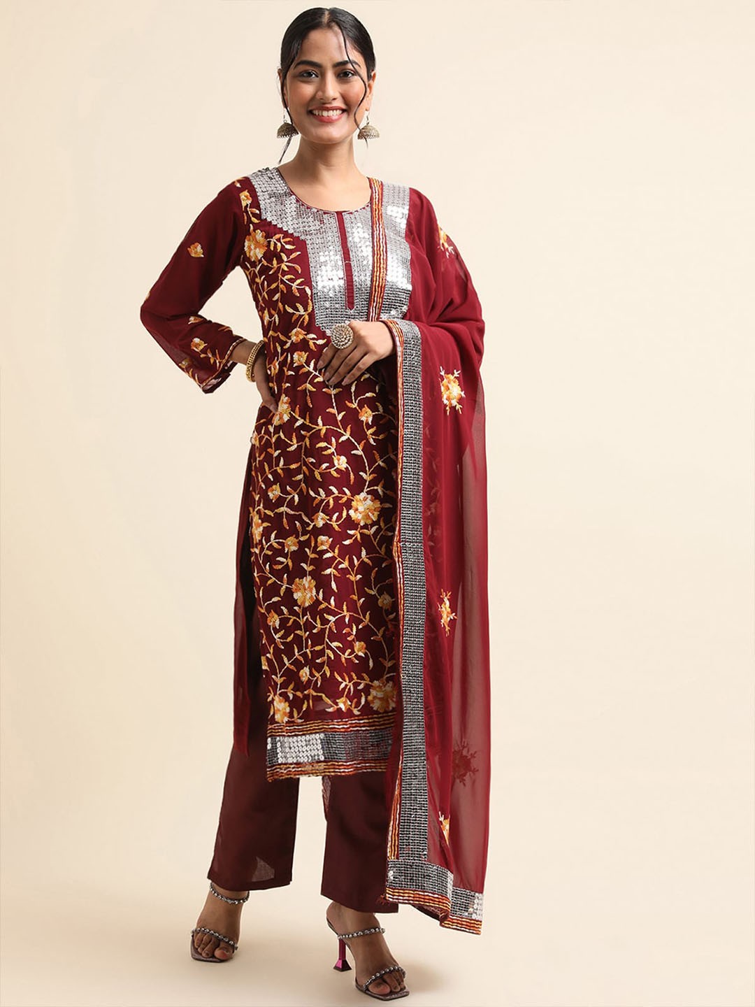 

ODETTE Floral Embroidered Thread Work Kurta & Trousers With Dupatta, Maroon