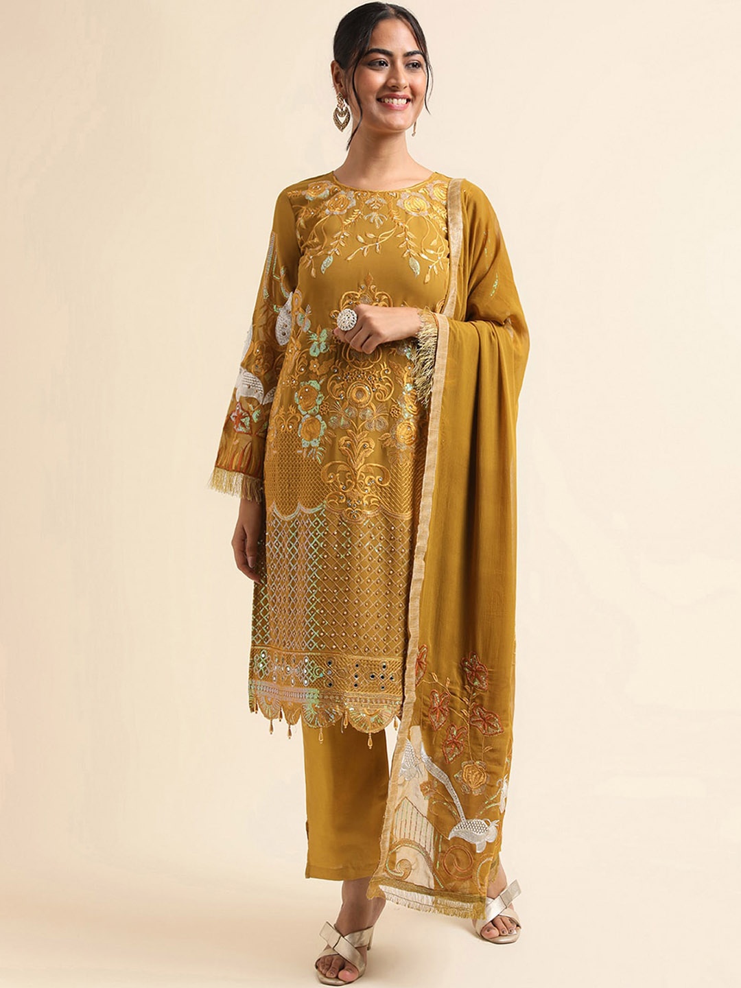 

ODETTE Floral Embroidered Beads and Stones Semi Stitched Dress Material, Mustard