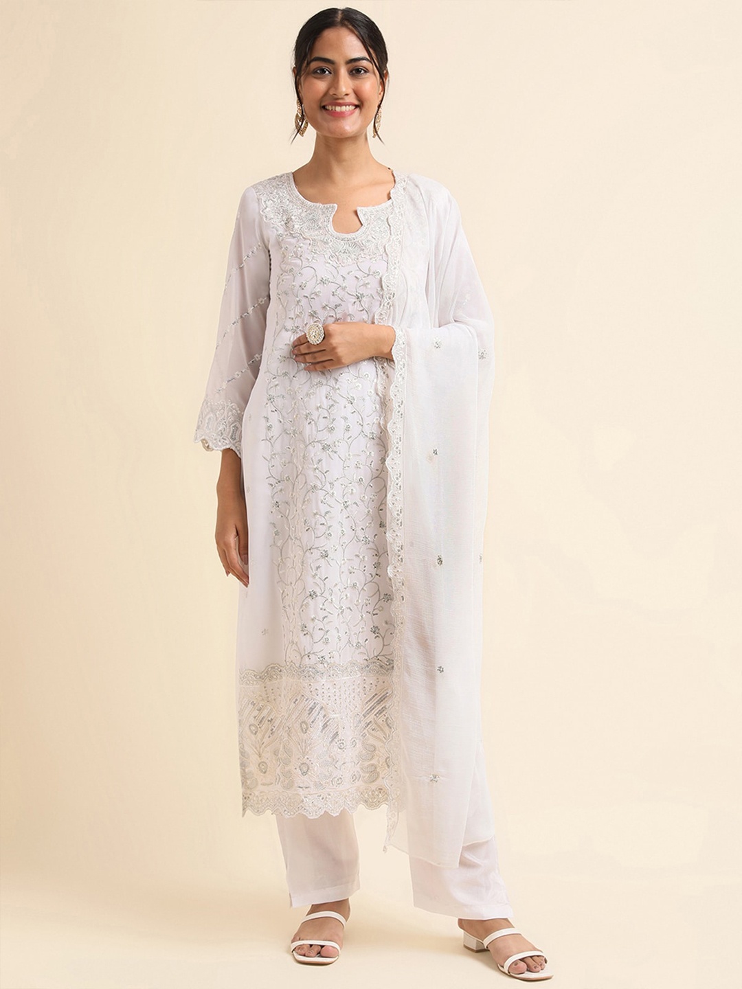 

ODETTE Floral Embroidered Sequinned Semi-Stitched Dress Material, White