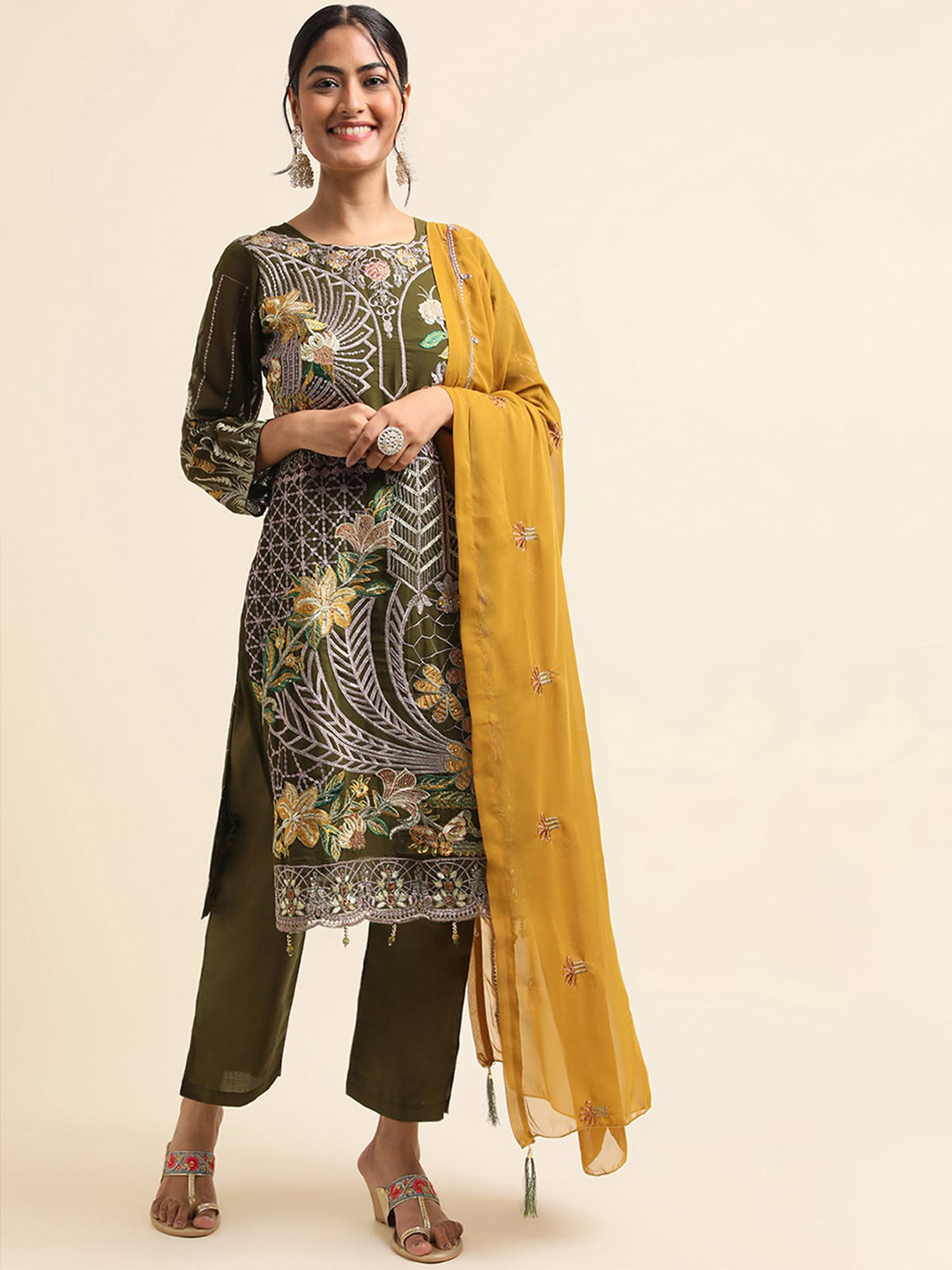 

ODETTE Floral Embroidered Kurta With Trousers & Dupatta, Green