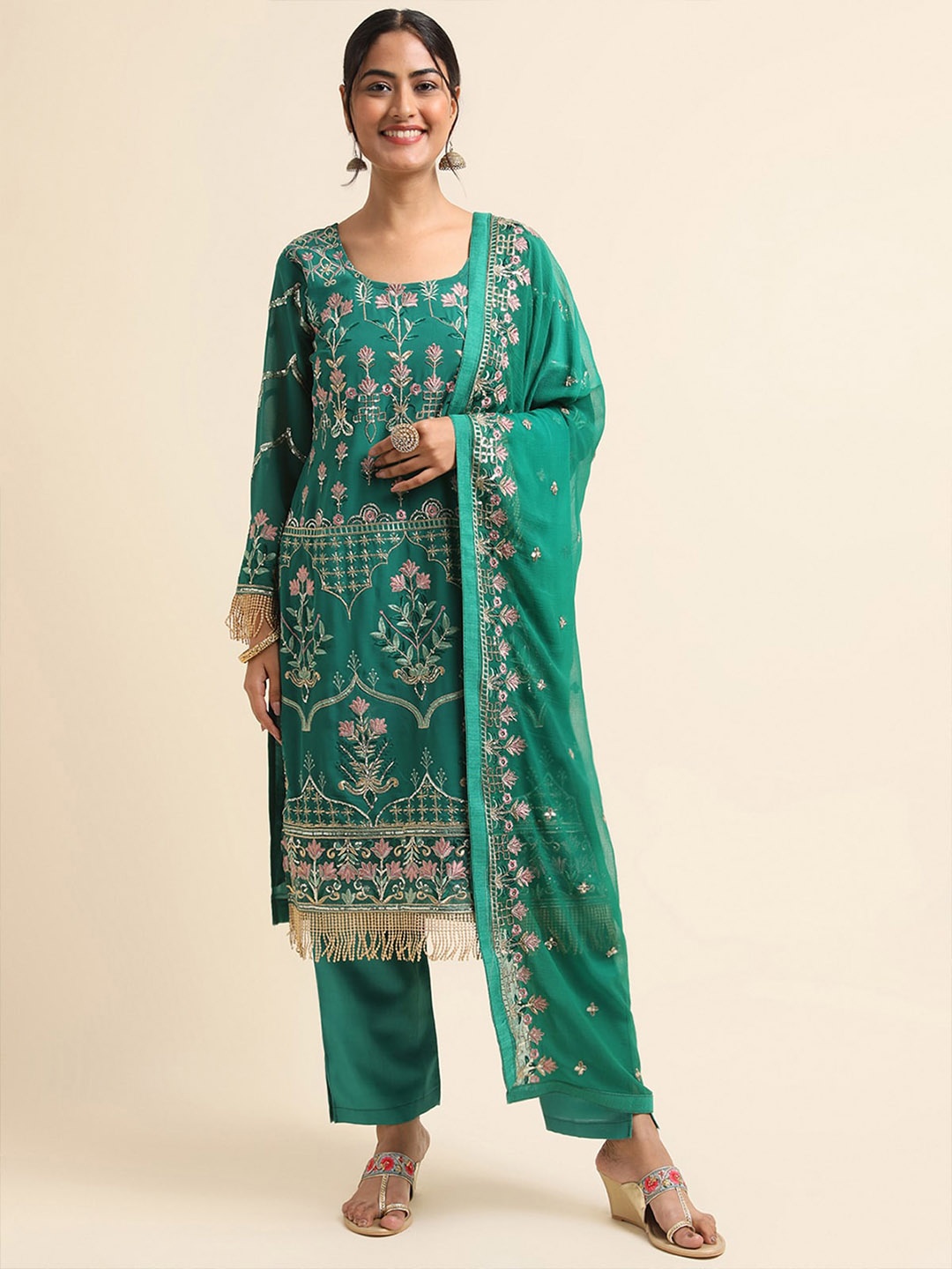 

ODETTE Floral Embroidered Thread Work Kurta & Trousers With Dupatta, Green