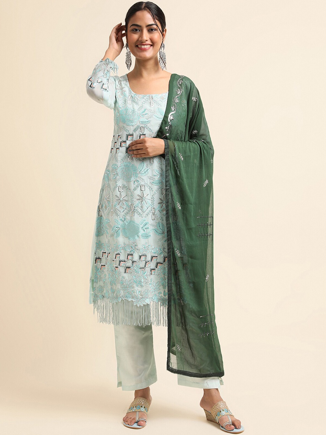 

ODETTE Floral Embroidered Embellished Kurta With Palazzos & Dupatta, Blue