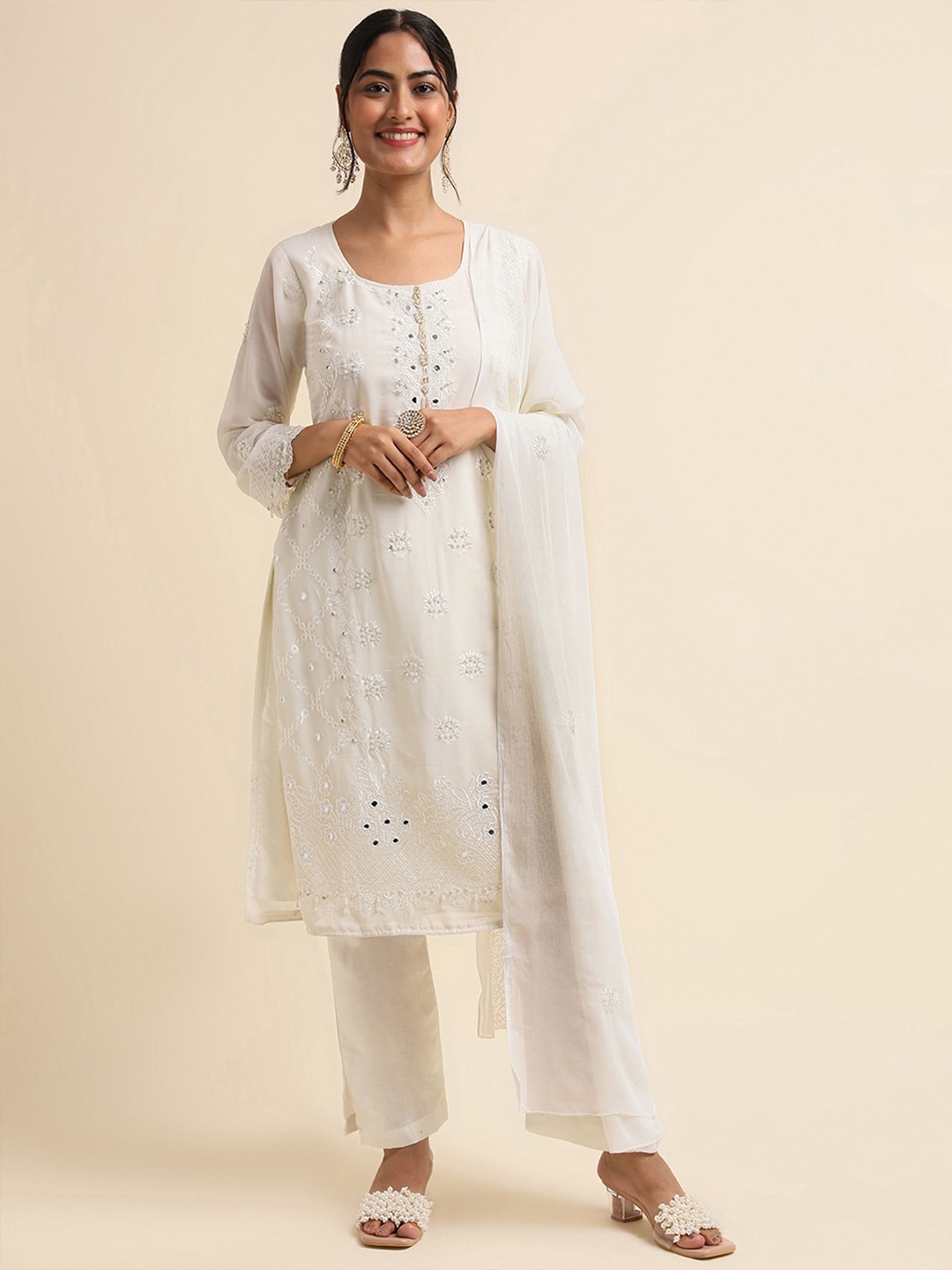 

ODETTE Floral Embroidered Mirror Work Semi Stitched Kurta Set, White