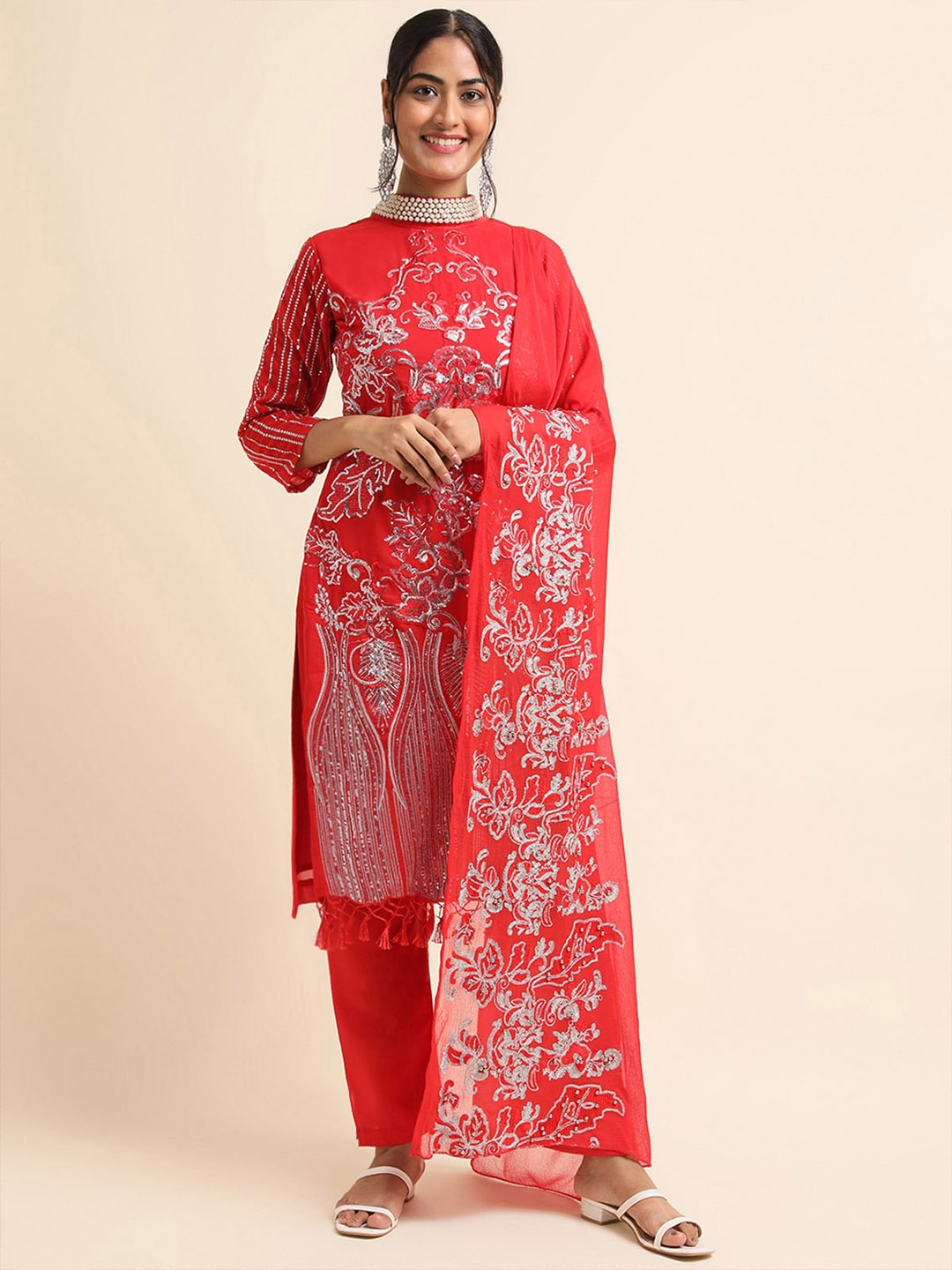 

ODETTE Floral Embroidered High Neck Semi Stitched Kurta with Trousers & Dupatta, Red