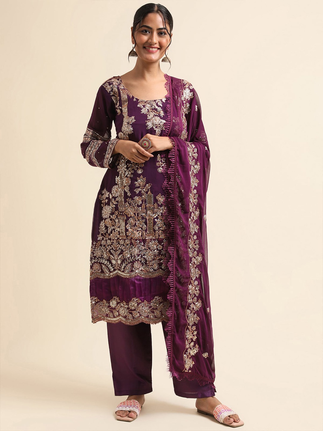 

ODETTE Floral Embroidered Round Neck Sequinned Regular Kurta with Trousers & Dupatta, Purple