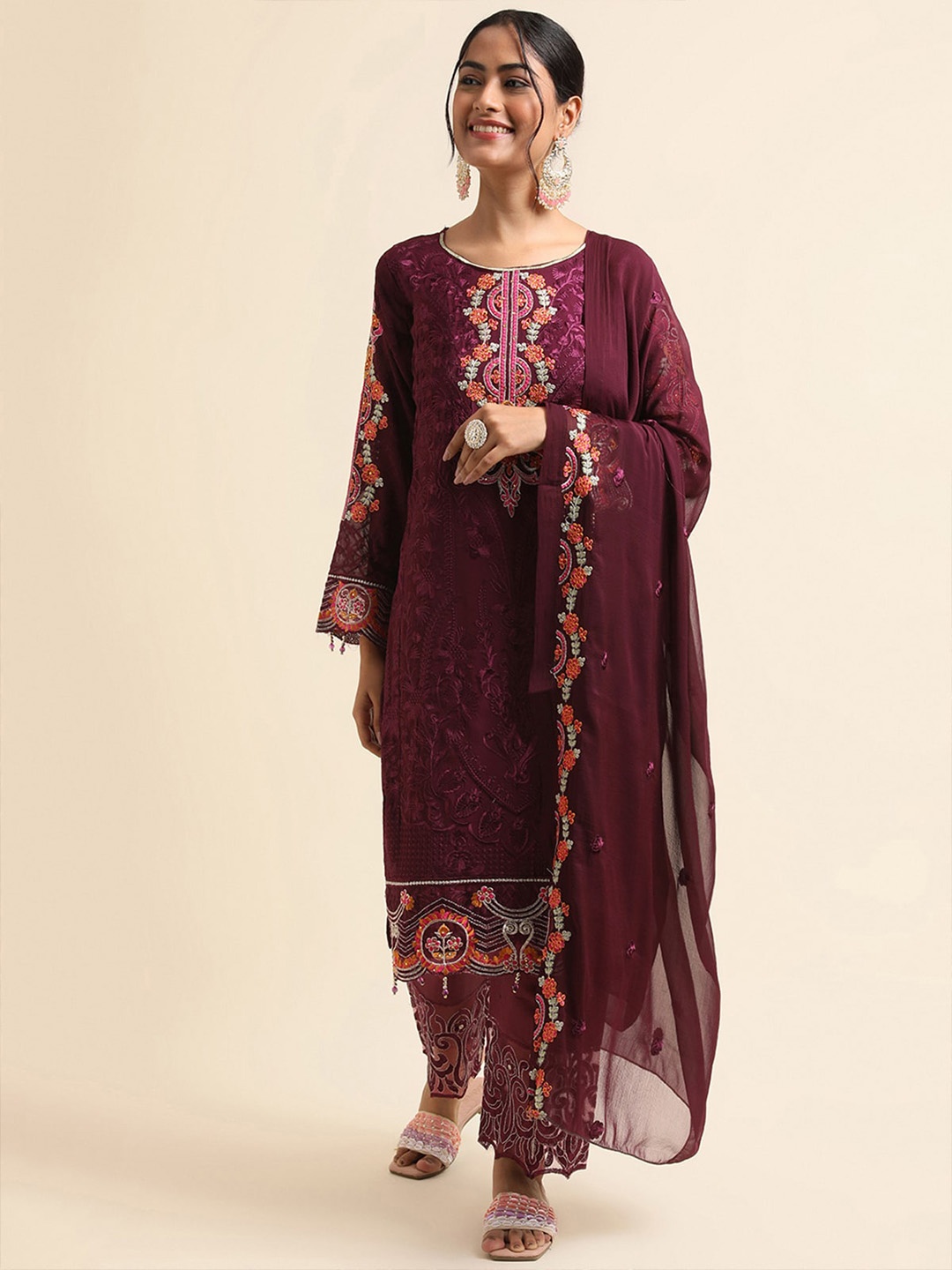 

ODETTE Floral Embroidered Semi Stitched Dress Material, Violet