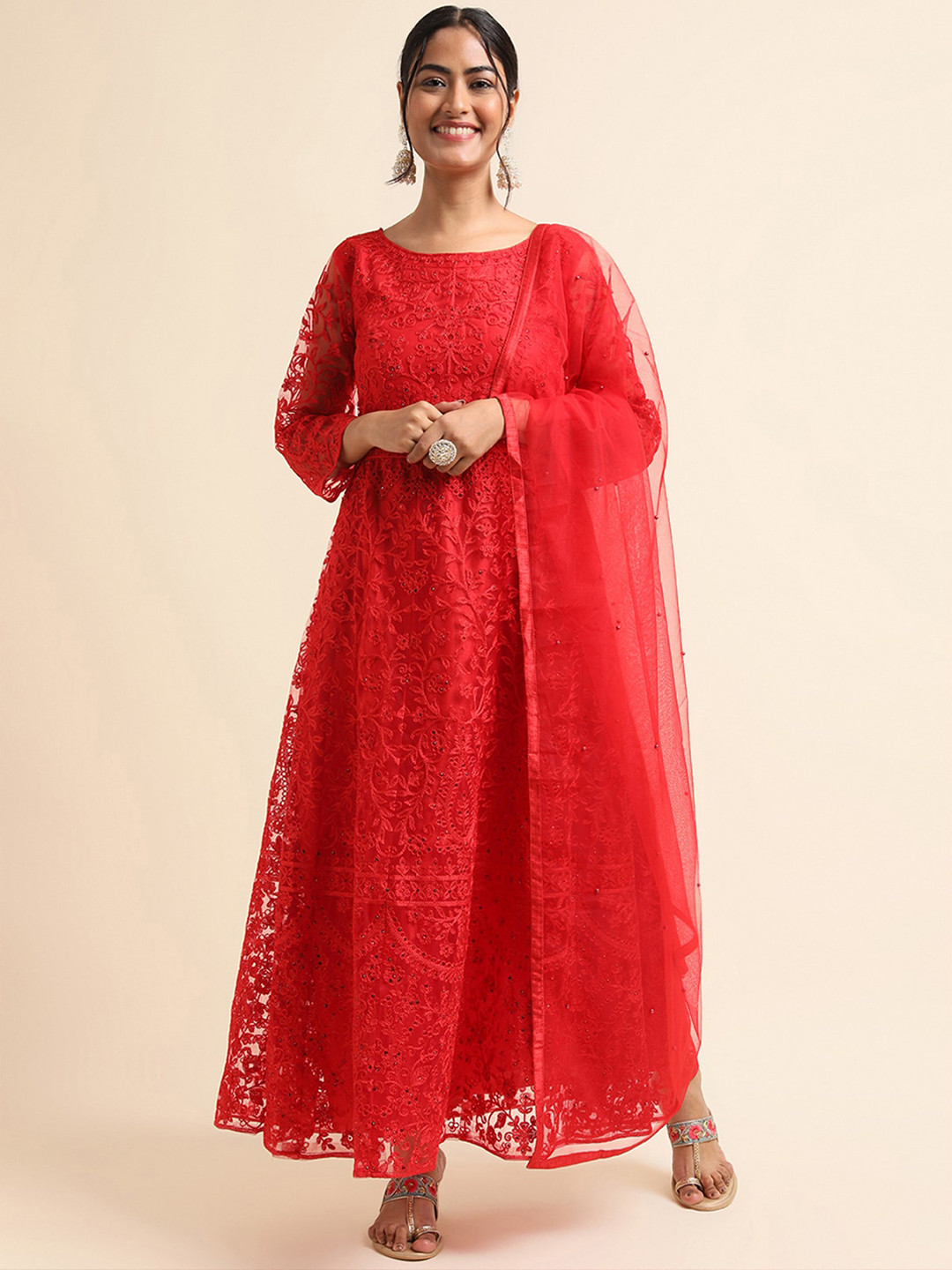 

ODETTE Self Design Round Neck Sequined Maxi Ethnic Dress With Dupatta, Red