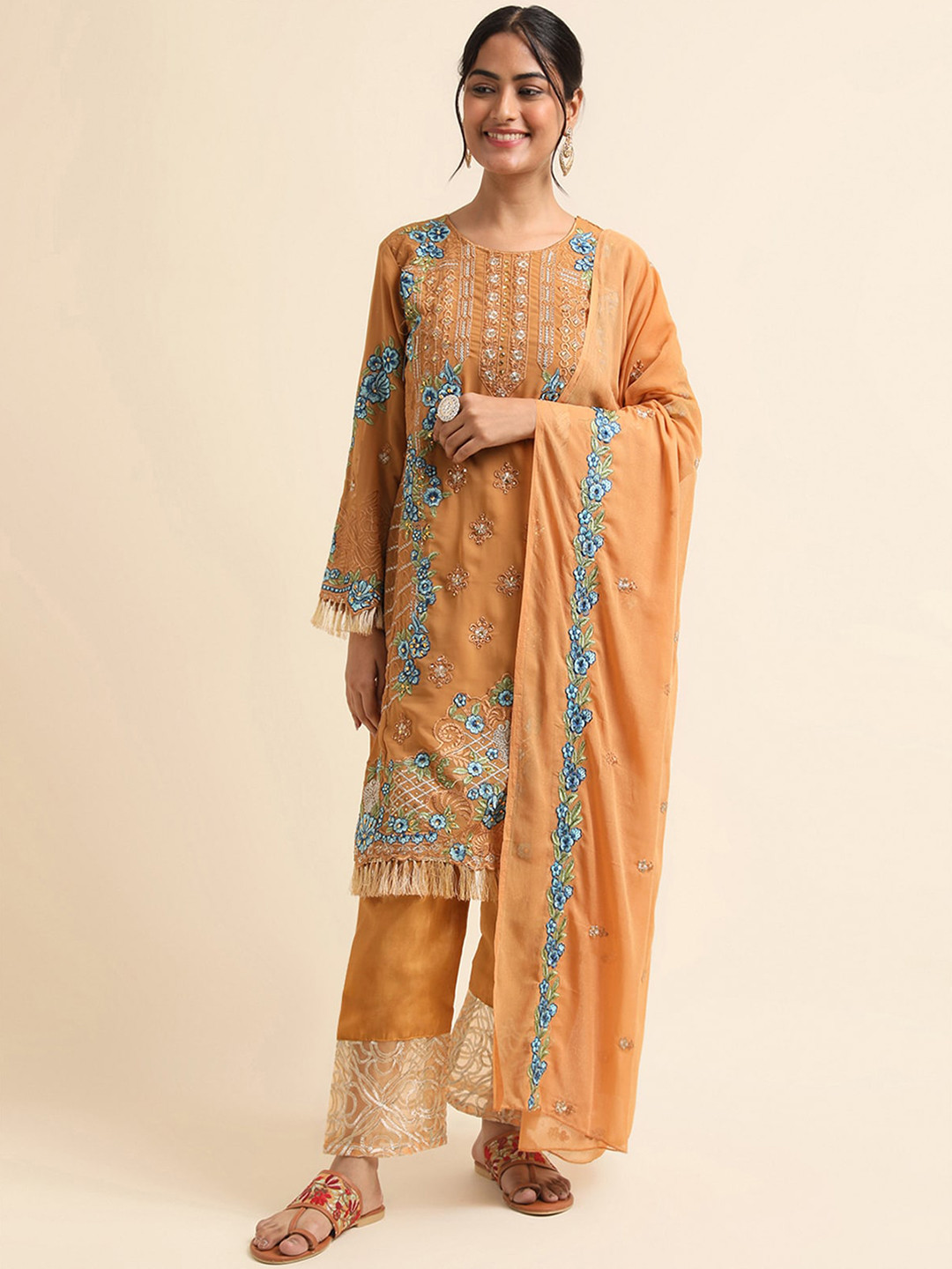 

ODETTE Floral Embroidered Beads and Stones Semi Stitched Dress Material, Mustard