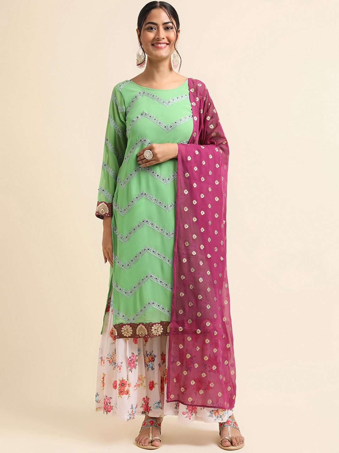 

ODETTE Embroidered Round Neck Thread Work Kurta With Sharara & Dupatta, Green