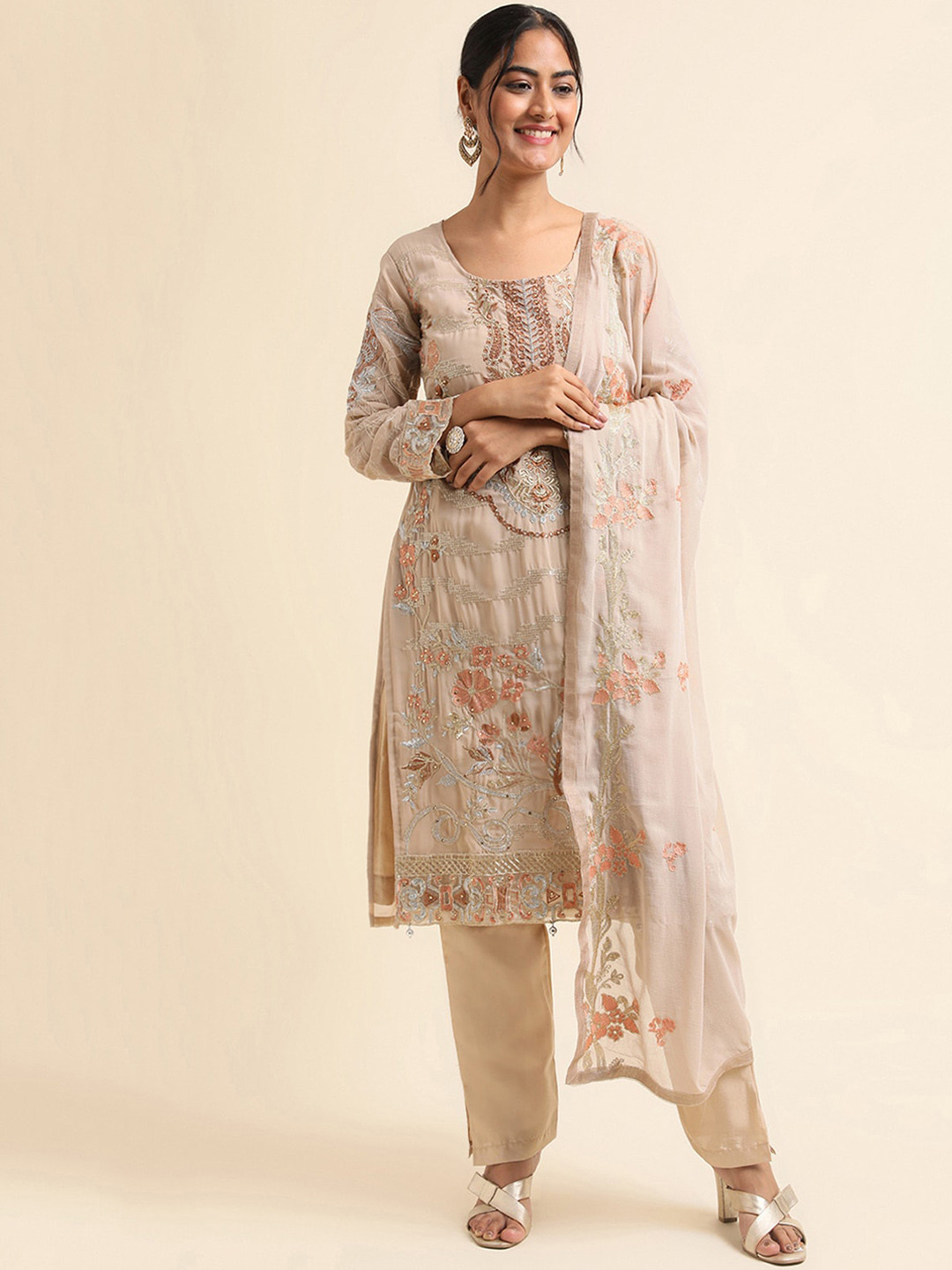 

ODETTE Ethnic Motifs Embroidered Regular Thread Work Kurta with Trousers & Dupatta, Beige