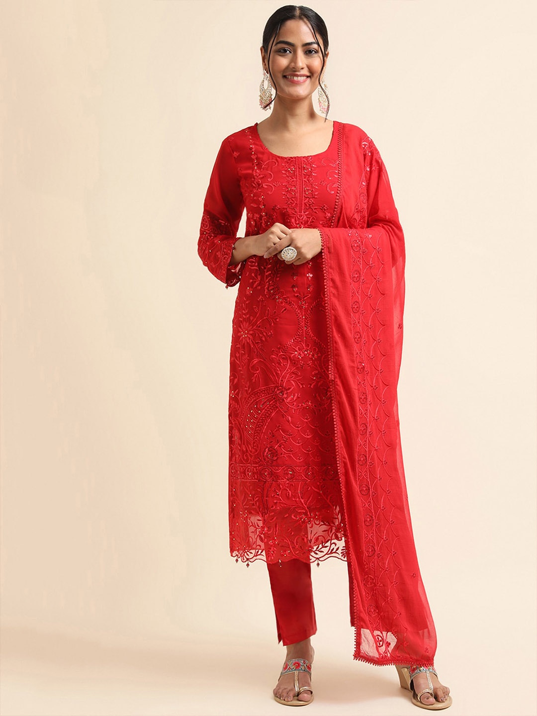 

ODETTE Floral Embroidered Round Neck Sequinned Kurta with Palazzos & Dupatta, Red