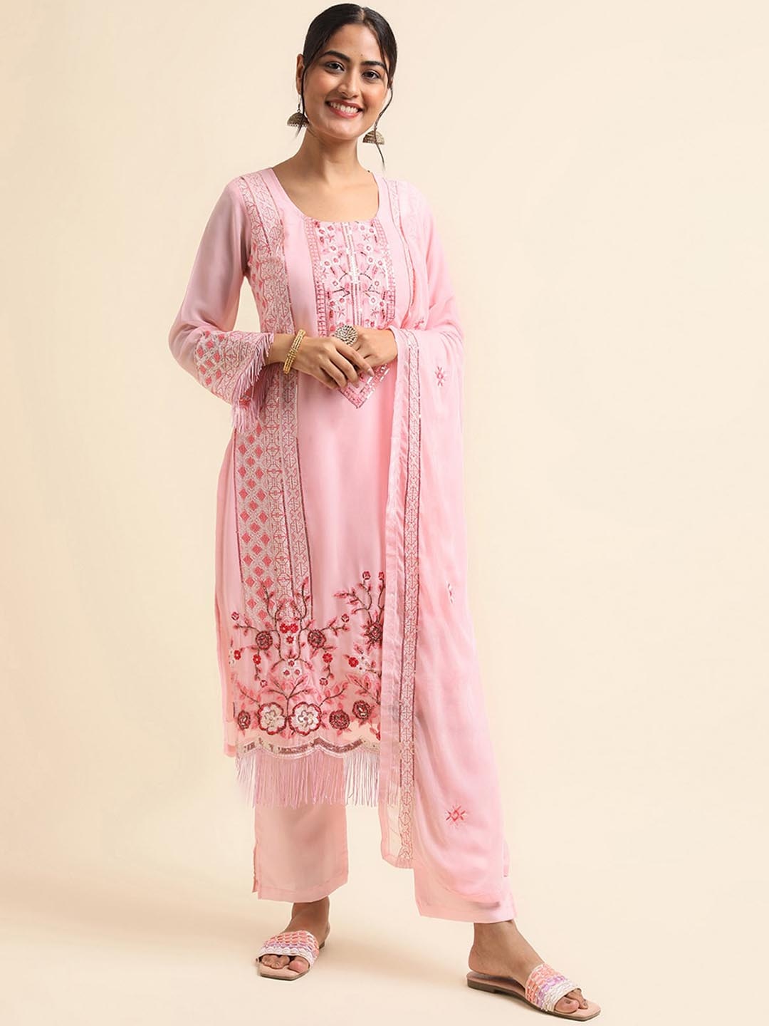 

ODETTE Ethnic Motifs Embroidered Thread Work Kurta & Trousers With Dupatta, Pink