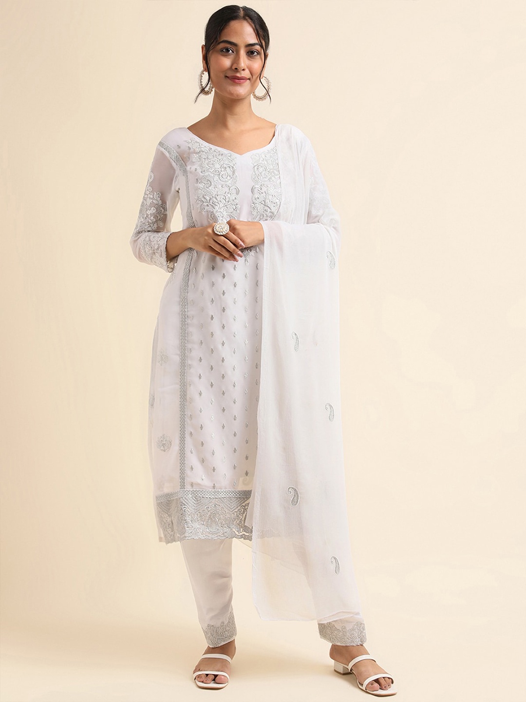 

ODETTE Ethnic Motifs Embroidered Kurta With Trousers & Dupatta, White