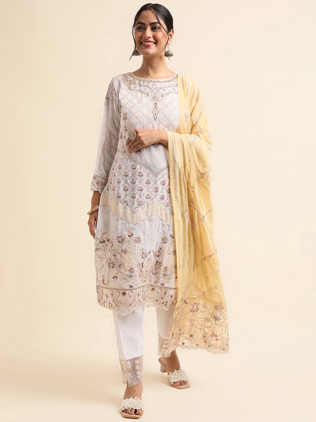 

ODETTE Floral Embroidered Beads and Stones Semi Stitched Dress Material, White