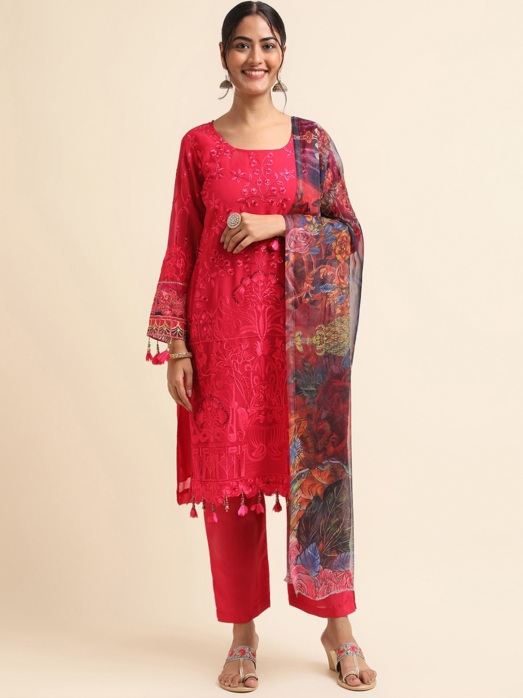 

ODETTE Floral Embroidered Sequinned Semi Stitched Dress Material, Pink