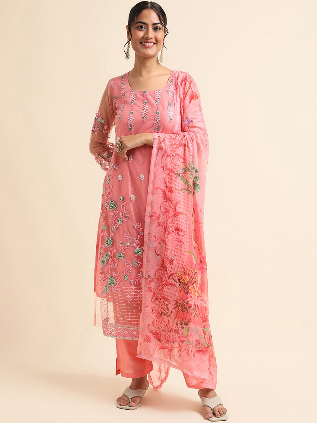

ODETTE Floral Embroidered Beads & Stones Kurta With Trousers & Dupatta, Pink