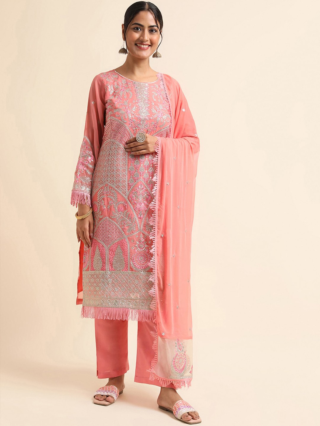 

ODETTE Ethnic Motifs Embroidered Regular Kurta with Trousers & Dupatta, Pink