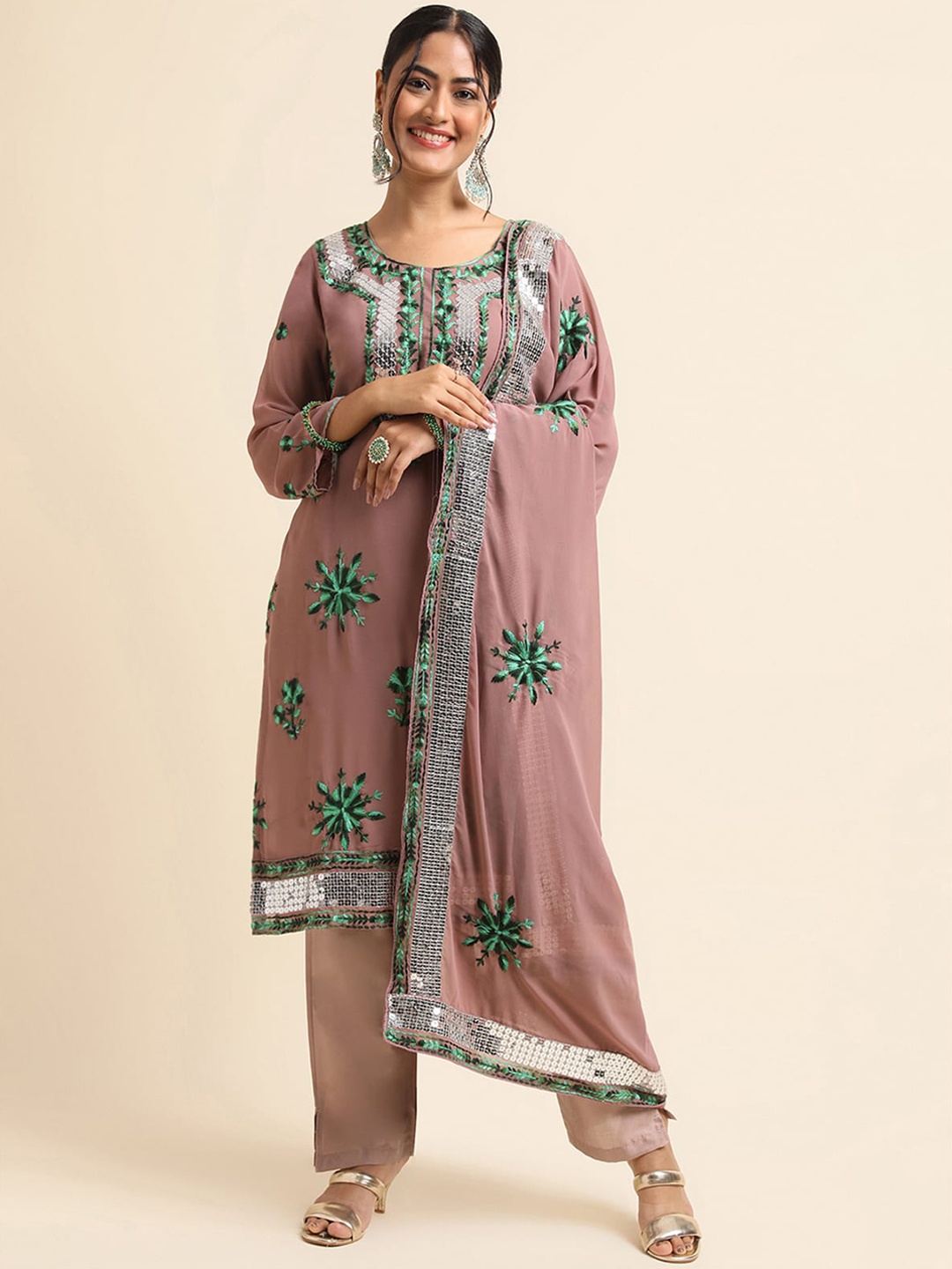 

ODETTE Floral Embroidered Sequinned Semi Stitched Dress Material, Peach