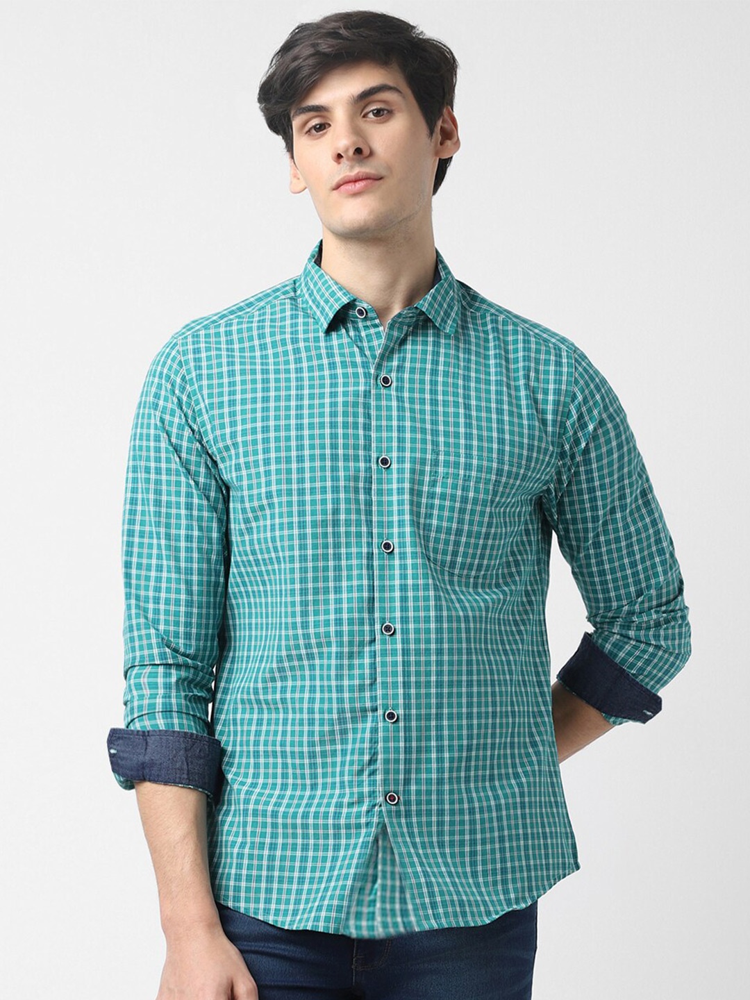 

VASTRADO Gingham Checked Cotton Casual Shirt, Green