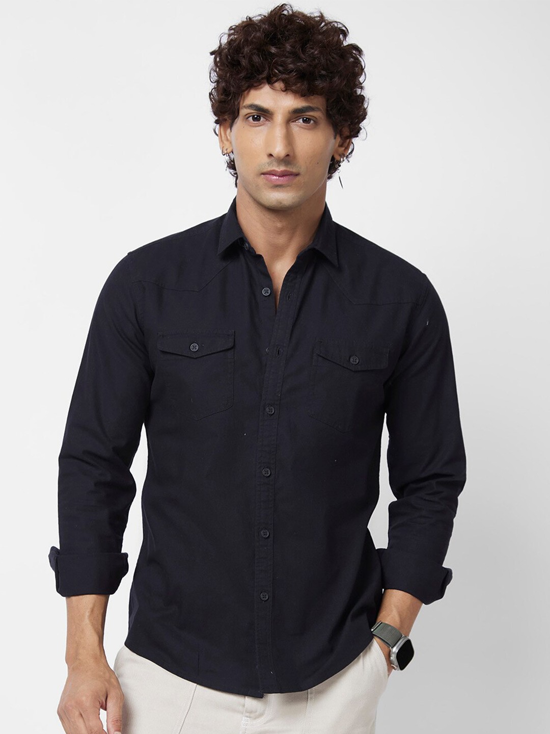 

VASTRADO Spread Collar Cotton Casual Shirt, Black