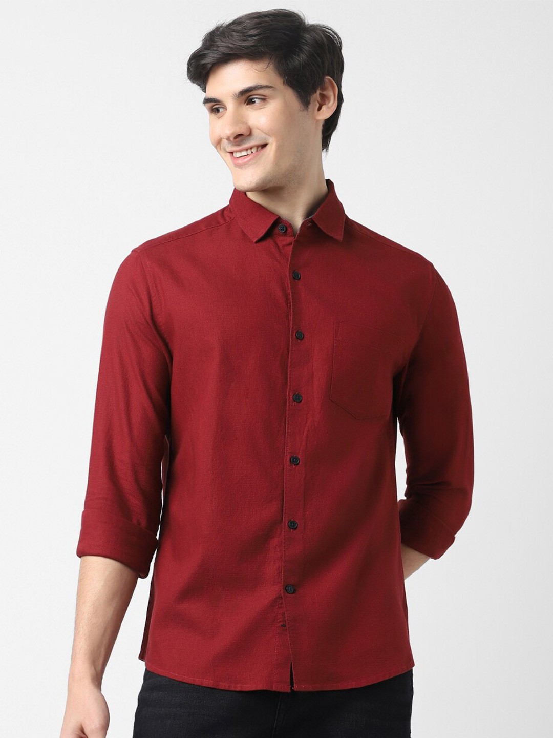 

VASTRADO Spread Collar Cotton Shirt, Maroon