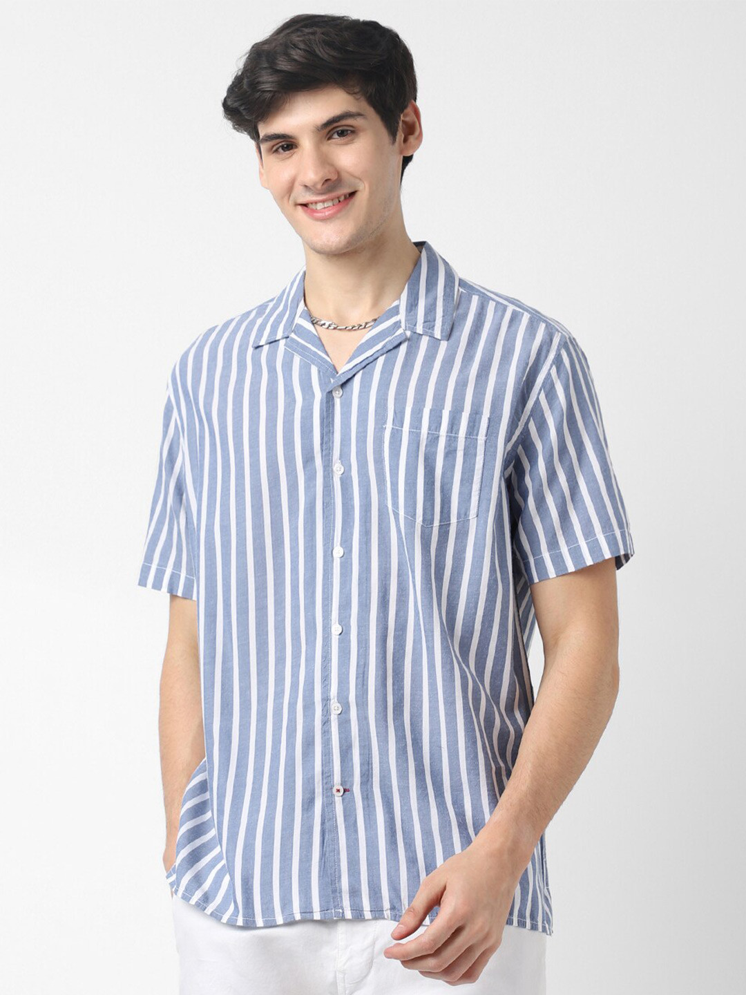 

VASTRADO Vertical Striped Oversized Cotton Shirt, Blue