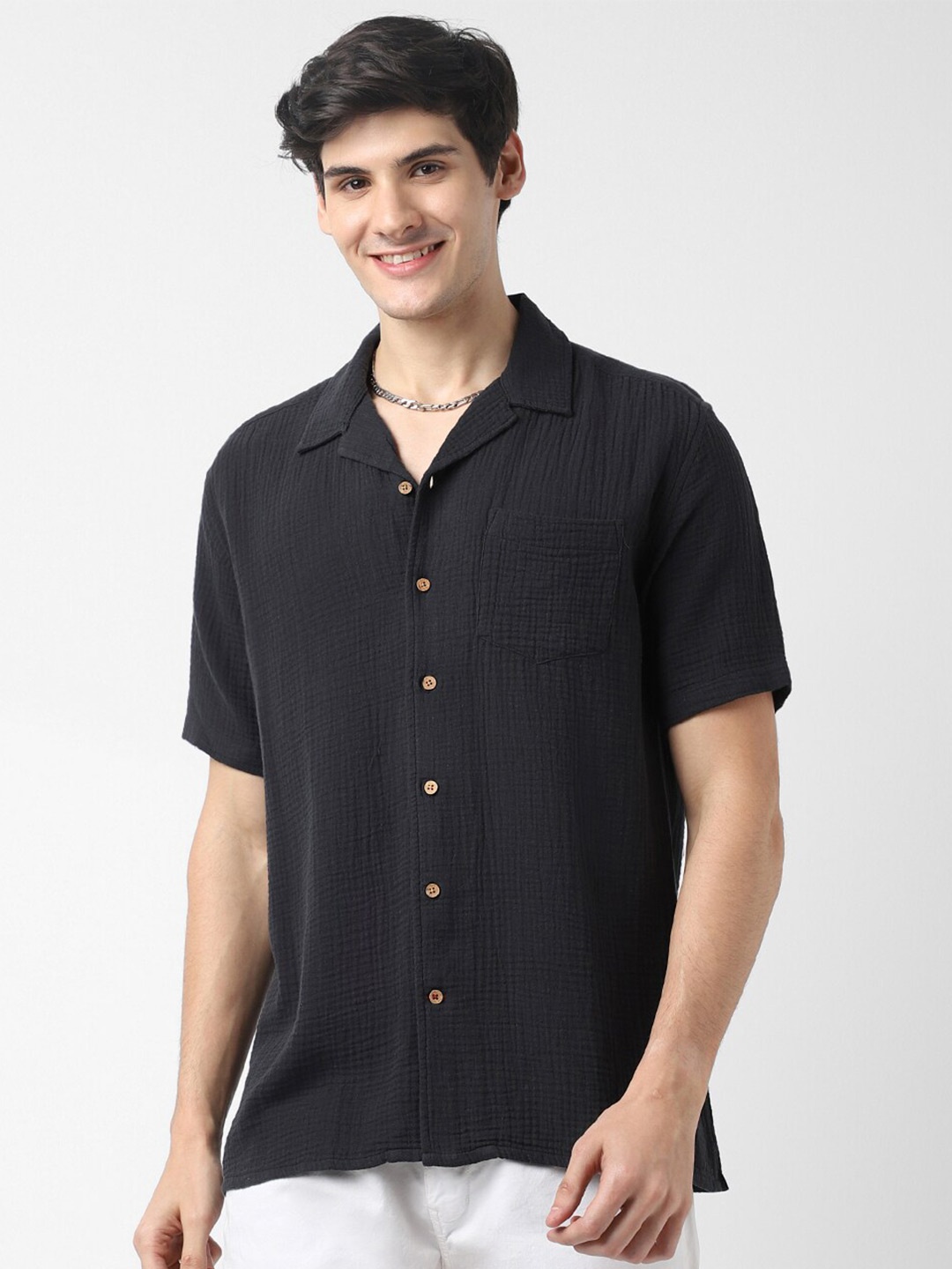 

VASTRADO Self Design Cotton Oversized Casual Shirt, Black