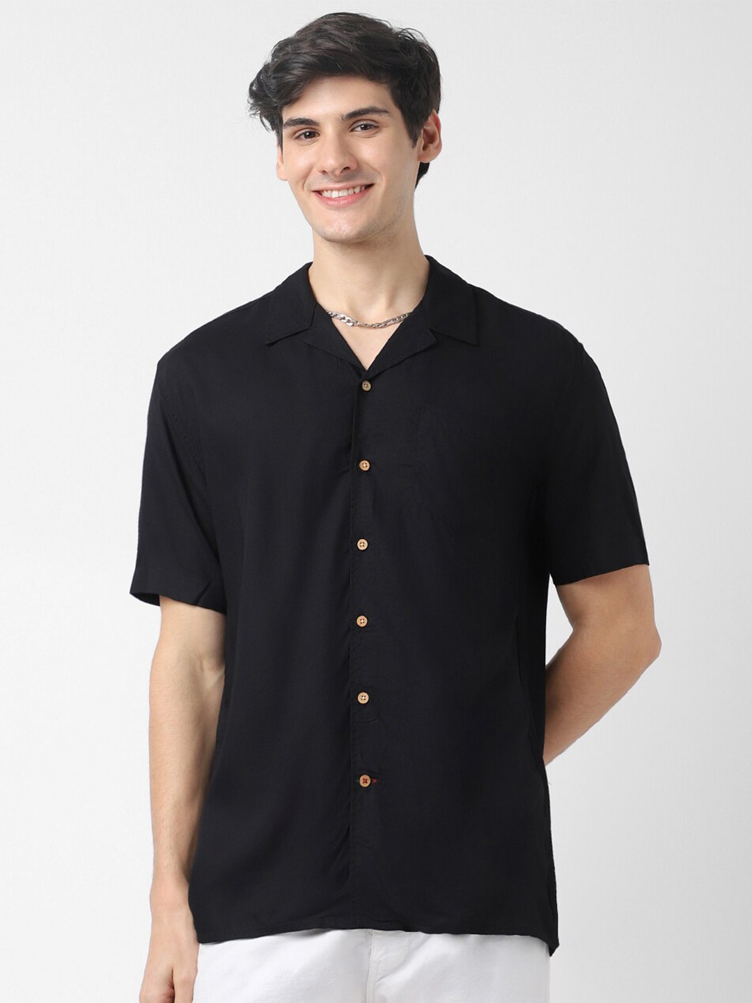 

VASTRADO Cuban Collar Cotton Oversized Casual Shirt, Black