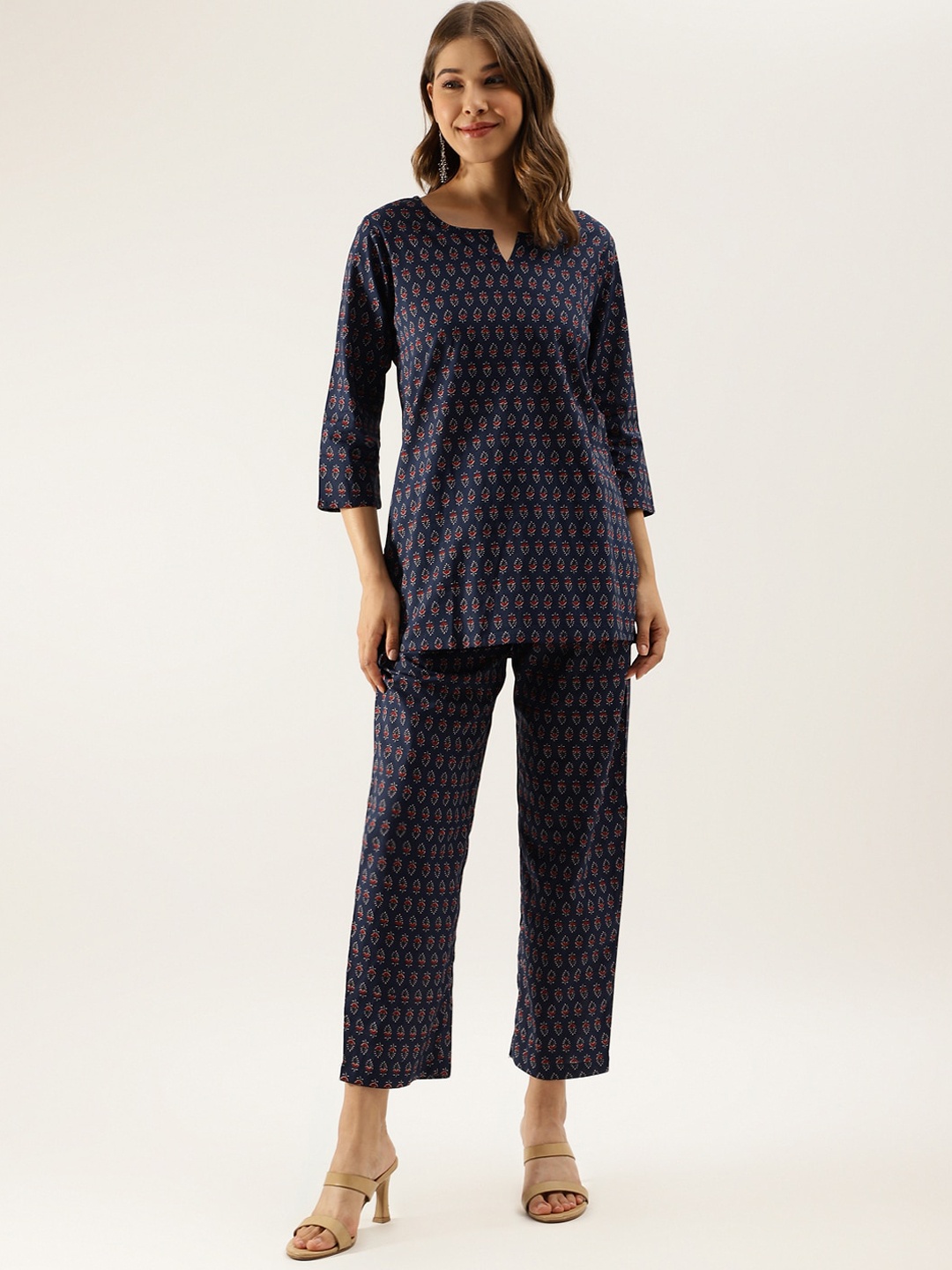 

Divena Ethnic Motif Printed Pure Cotton Top & Trousers, Navy blue