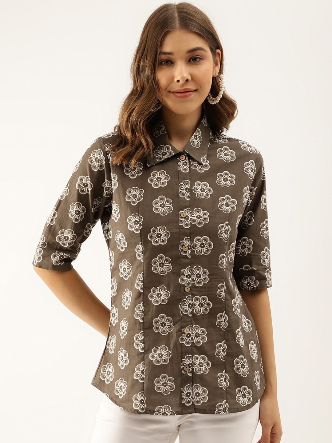 

Divena Comfort Opaque Floral Printed Cotton Casual Shirt, Grey