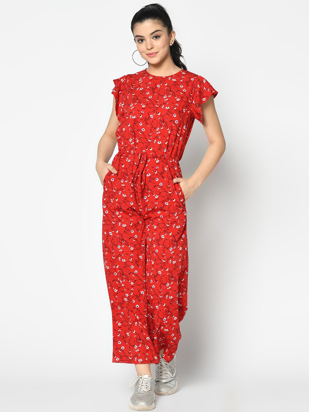 

SQew Floral Printed Flared Sleeves Waist Tie-Ups Basic Jumpsuit, Red