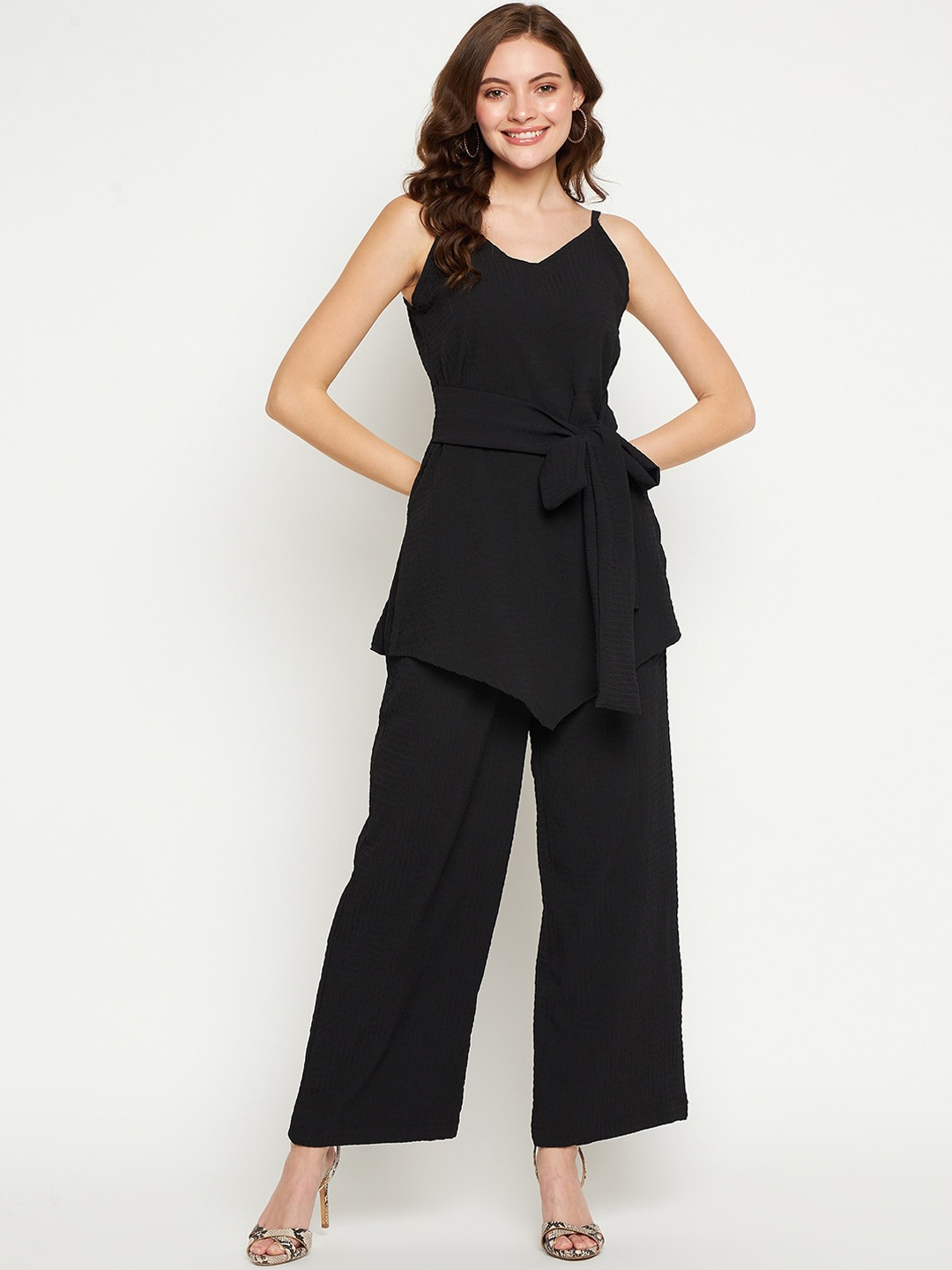 

Fashfun V-Neck Tie-Up Waist Tunic With Trouser, Black