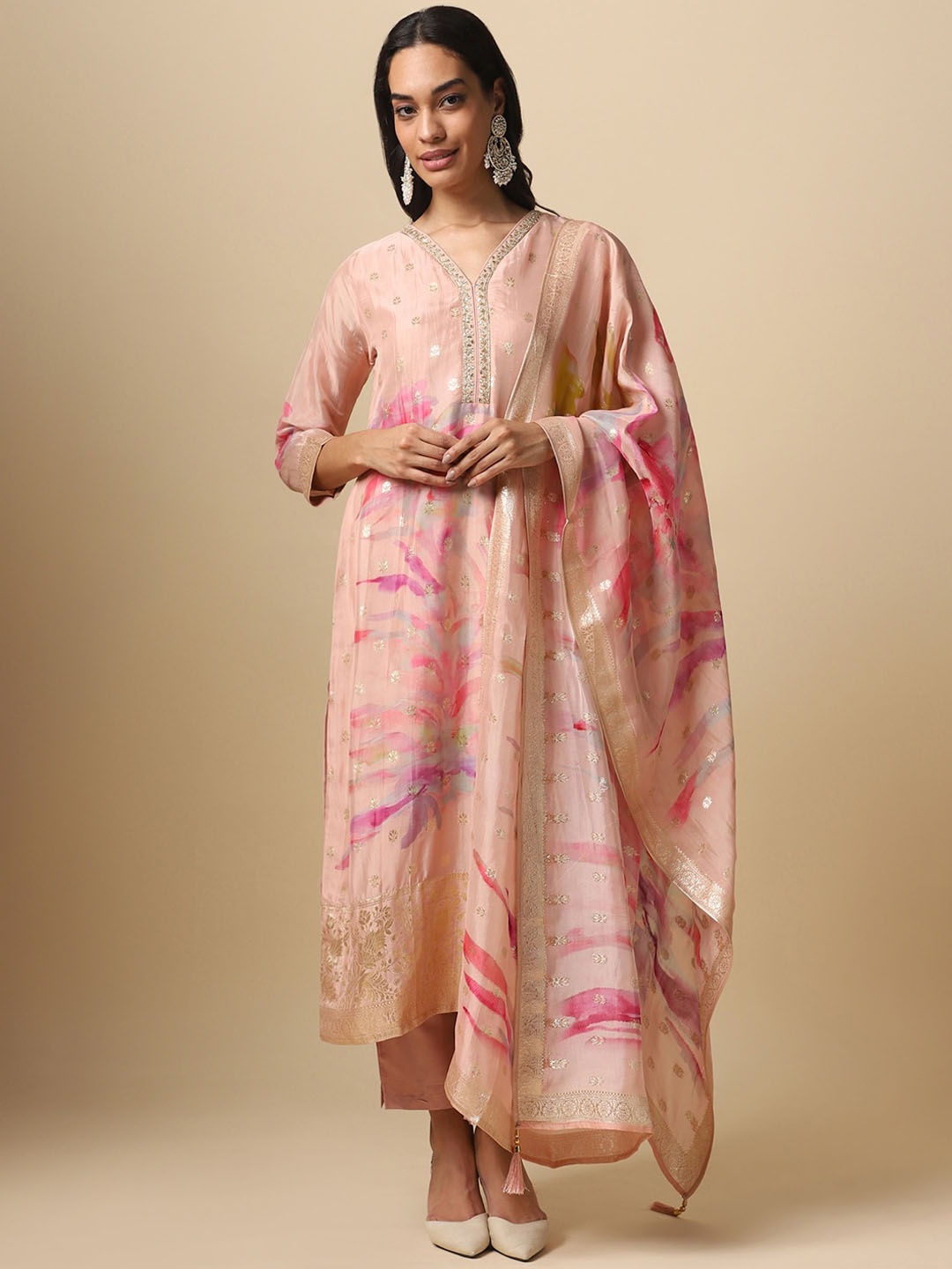 

House Of Dharaa Ethnic Motifs Woven Design Kurta With Trousers & Dupatta, Peach