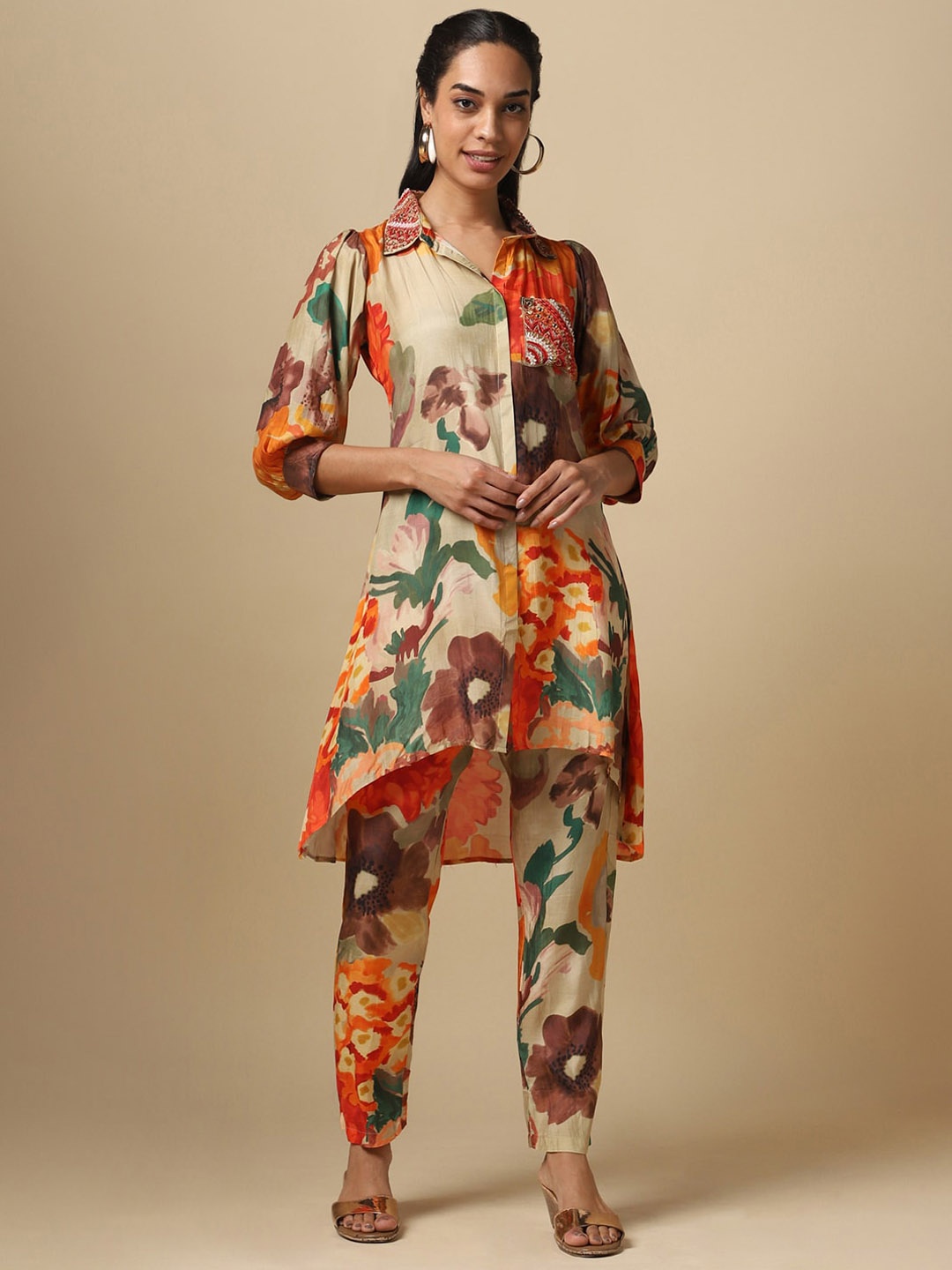 

House Of Dharaa Floral Printed Kurta With Trousers, Beige