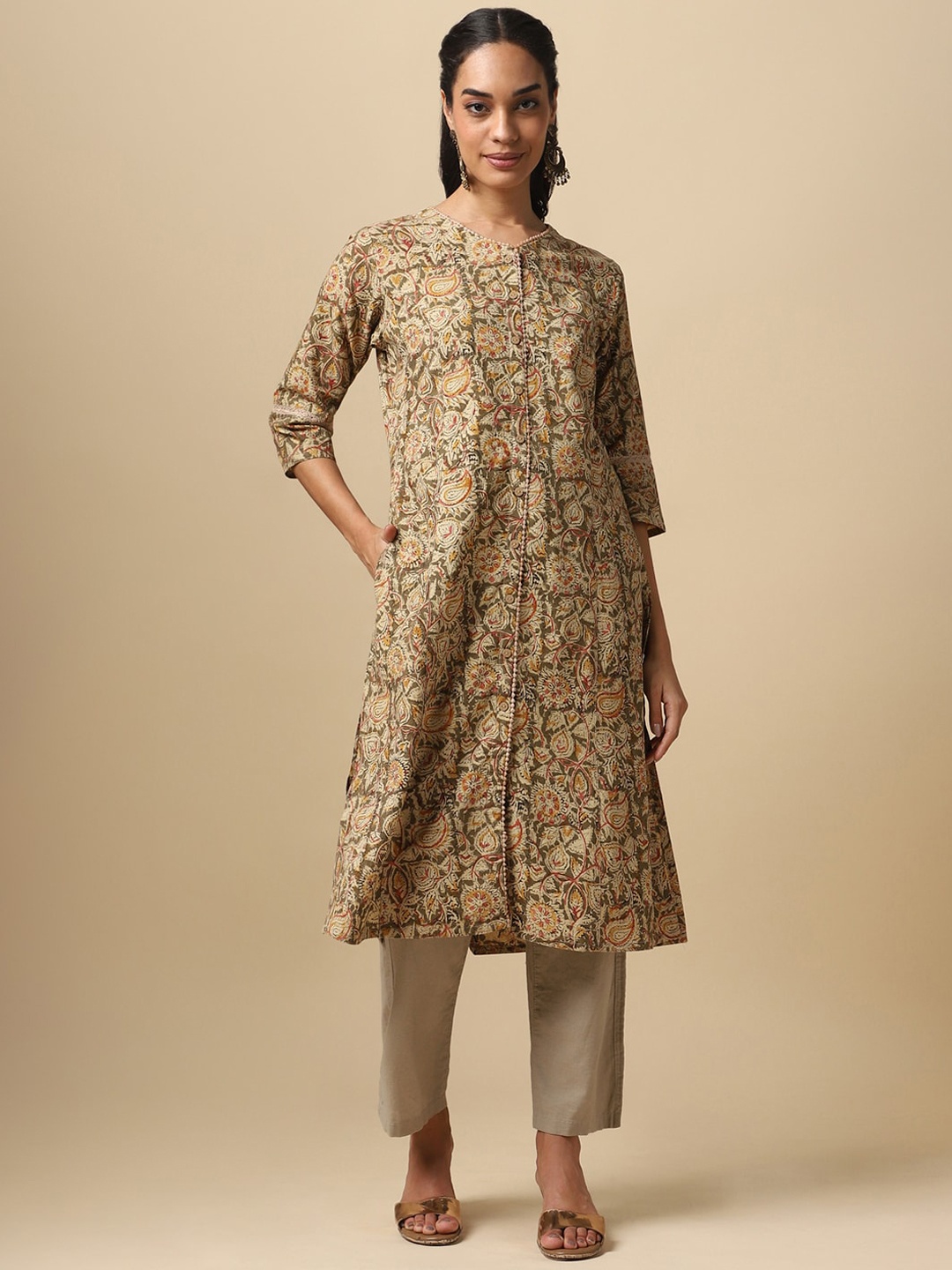 

House Of Dharaa Women Green Ethnic Motifs Printed Keyhole Neck Thread Work Kurta