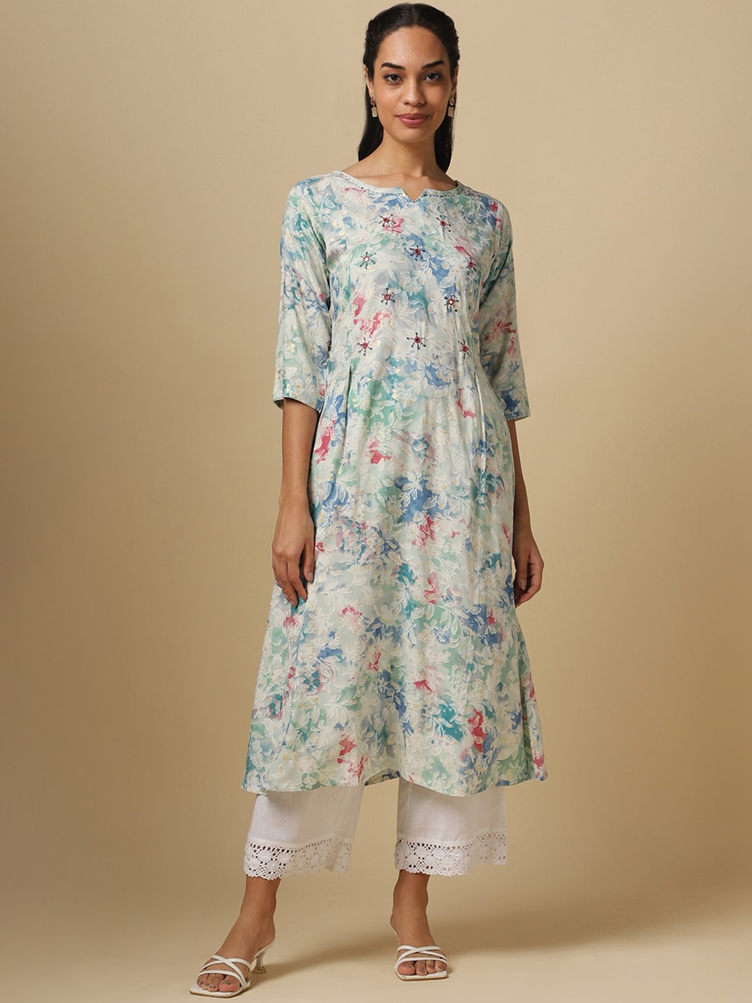 

House Of Dharaa Floral Printed Mirror Work A-Line Cotton Kurta, White