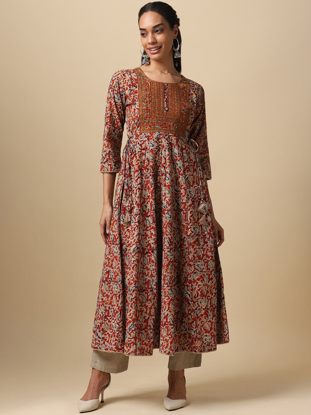 

House Of Dharaa Women Red Printed Keyhole Neck Flared Sleeves Mirror Work Anarkali Kurta
