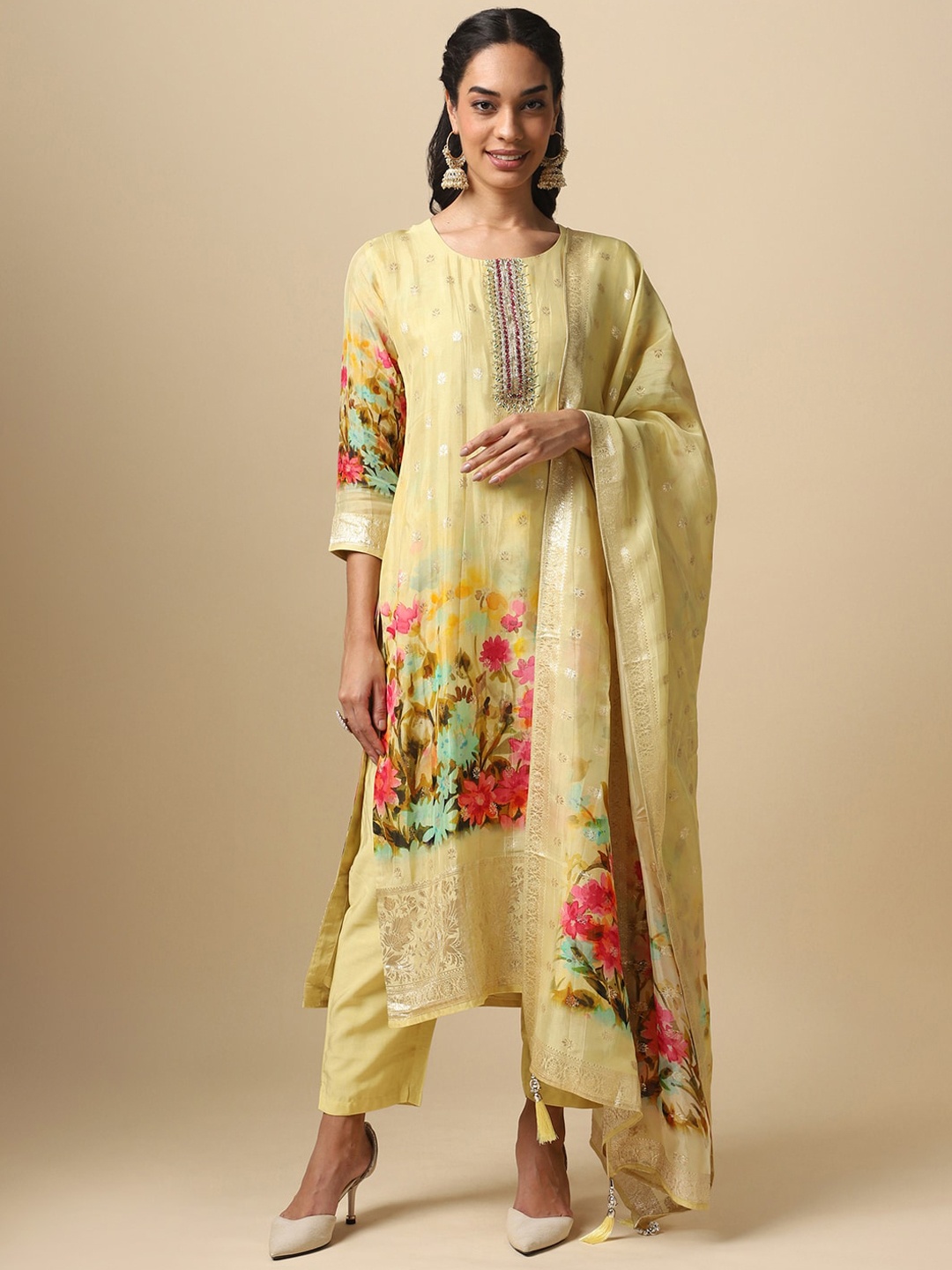 

House Of Dharaa Ethnic Motifs Woven Design Kurta With Trousers & Dupatta, Yellow