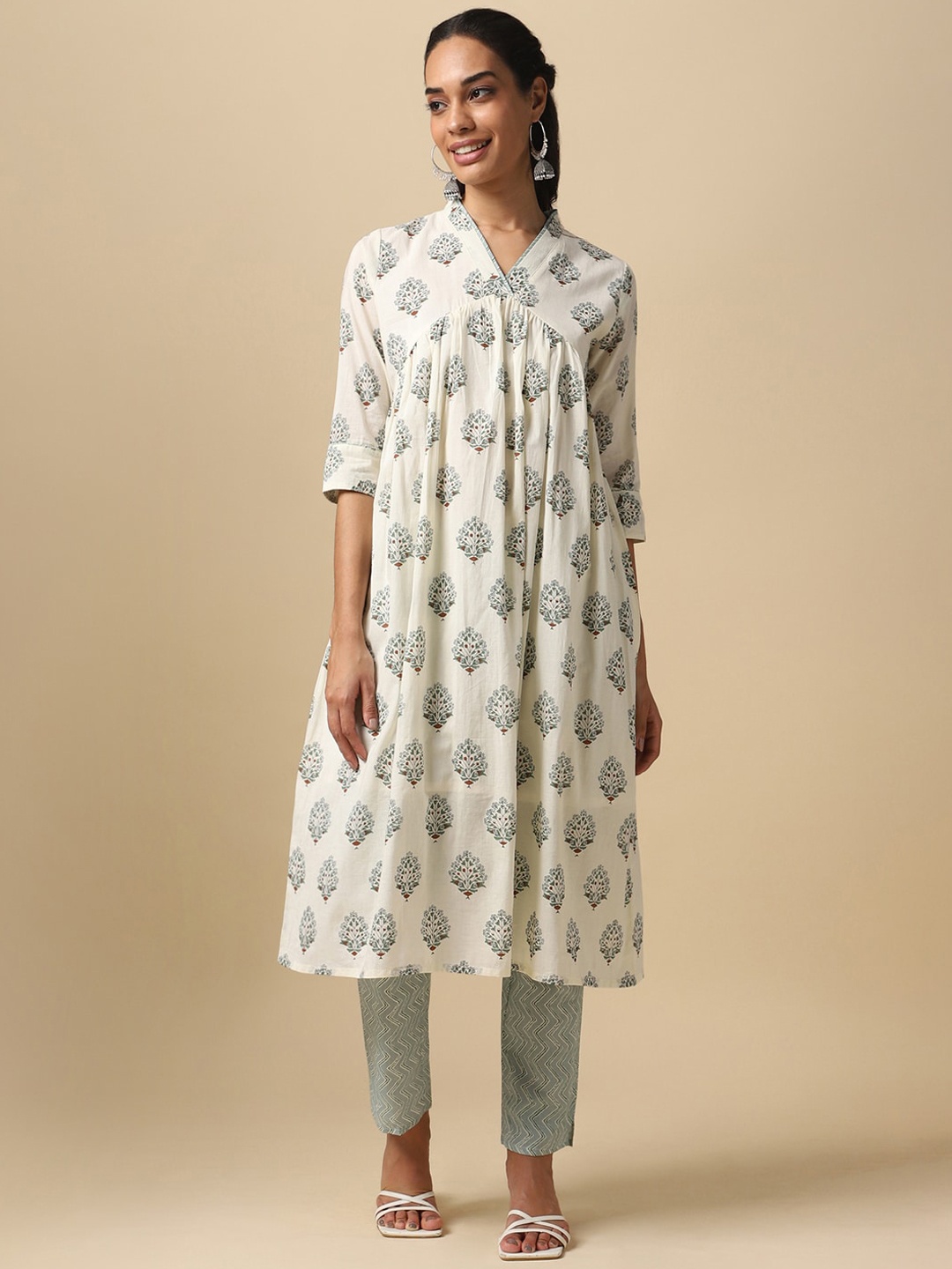 

House Of Dharaa Ethnic Motifs Printed Pure Cotton Kurta With Trousers, White