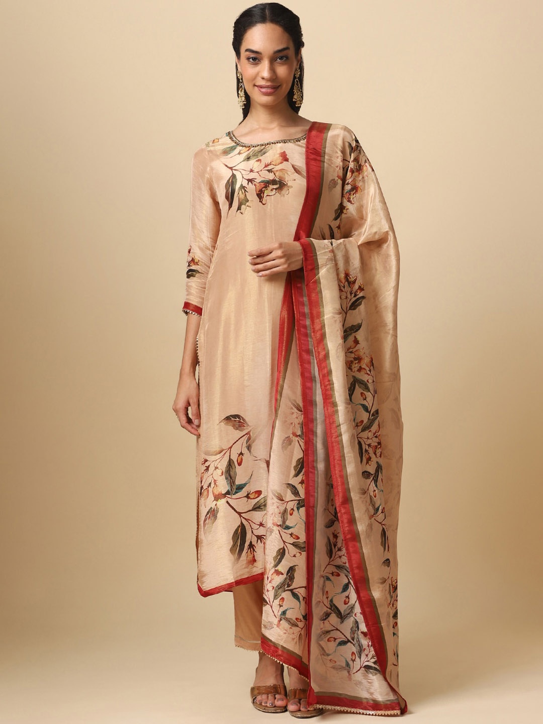 

House Of Dharaa Floral Printed Organza Kurta With Trousers & Dupatta, Beige