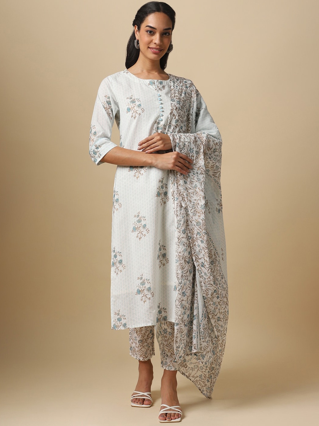 

House Of Dharaa Floral Printed Pure Cotton Kurta With Trousers & Dupatta, White