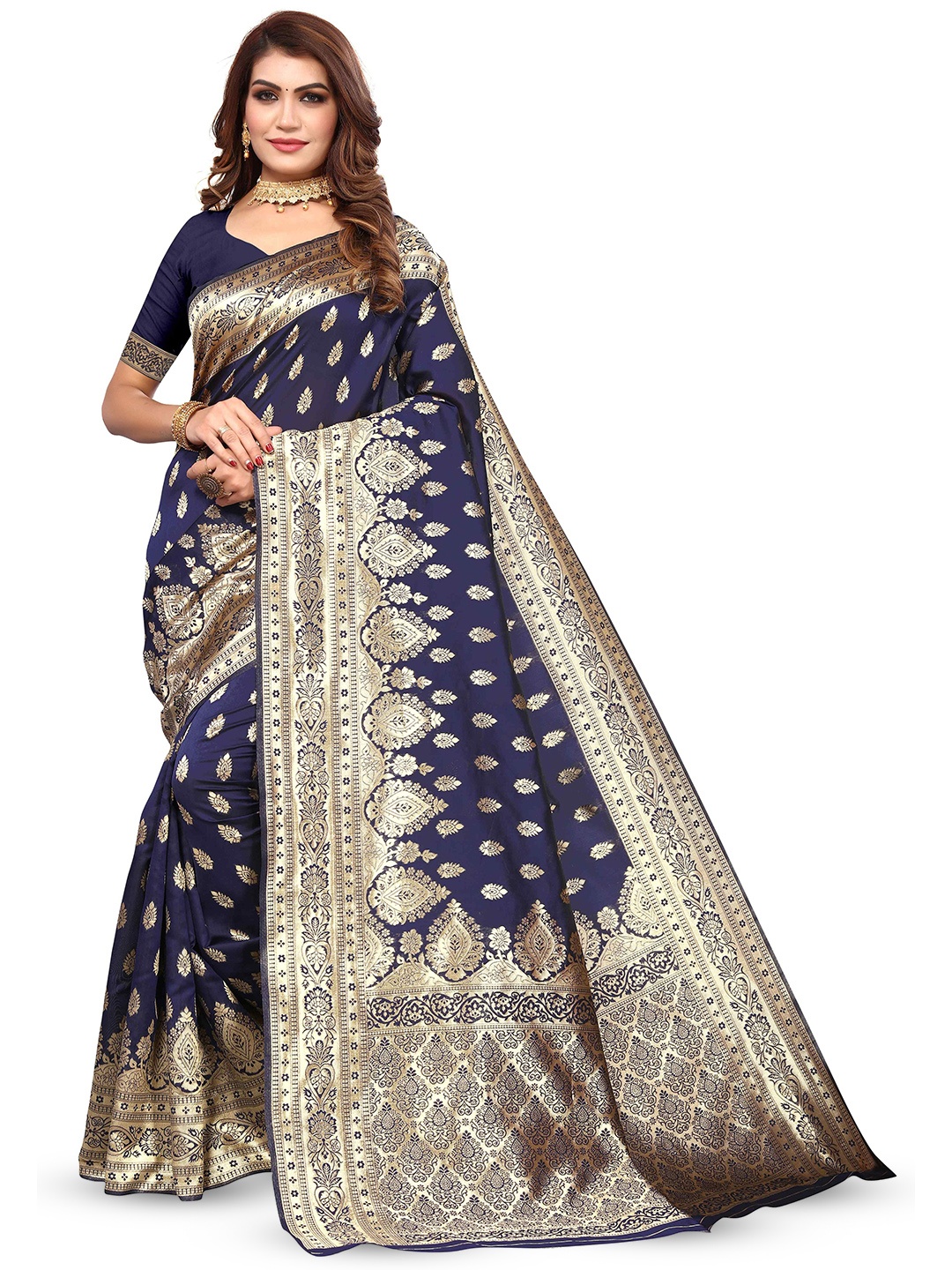 

KALINI Ethnic Motifs Woven Design Zari Jacquard Kanjeevaram Saree, Blue