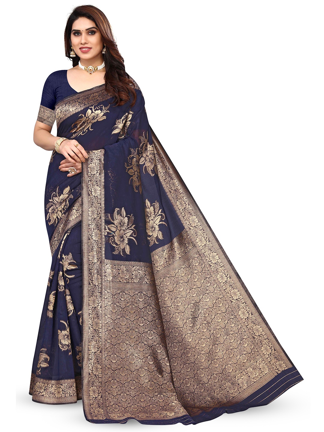 

KALINI Woven Design Zari Silk Blend Kanjeevaram Saree, Blue