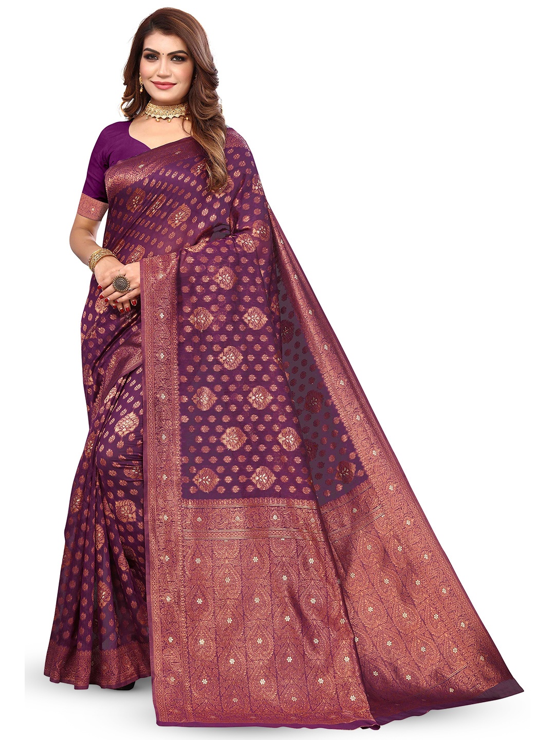 

KALINI Ethnic Motifs Woven Design Zari Detail Kanjeevaram Saree, Purple