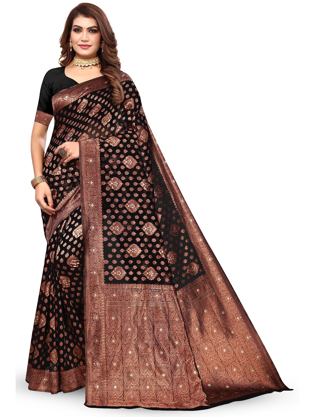 

KALINI Woven Design Zari Silk Blend Kanjeevaram Saree, Black