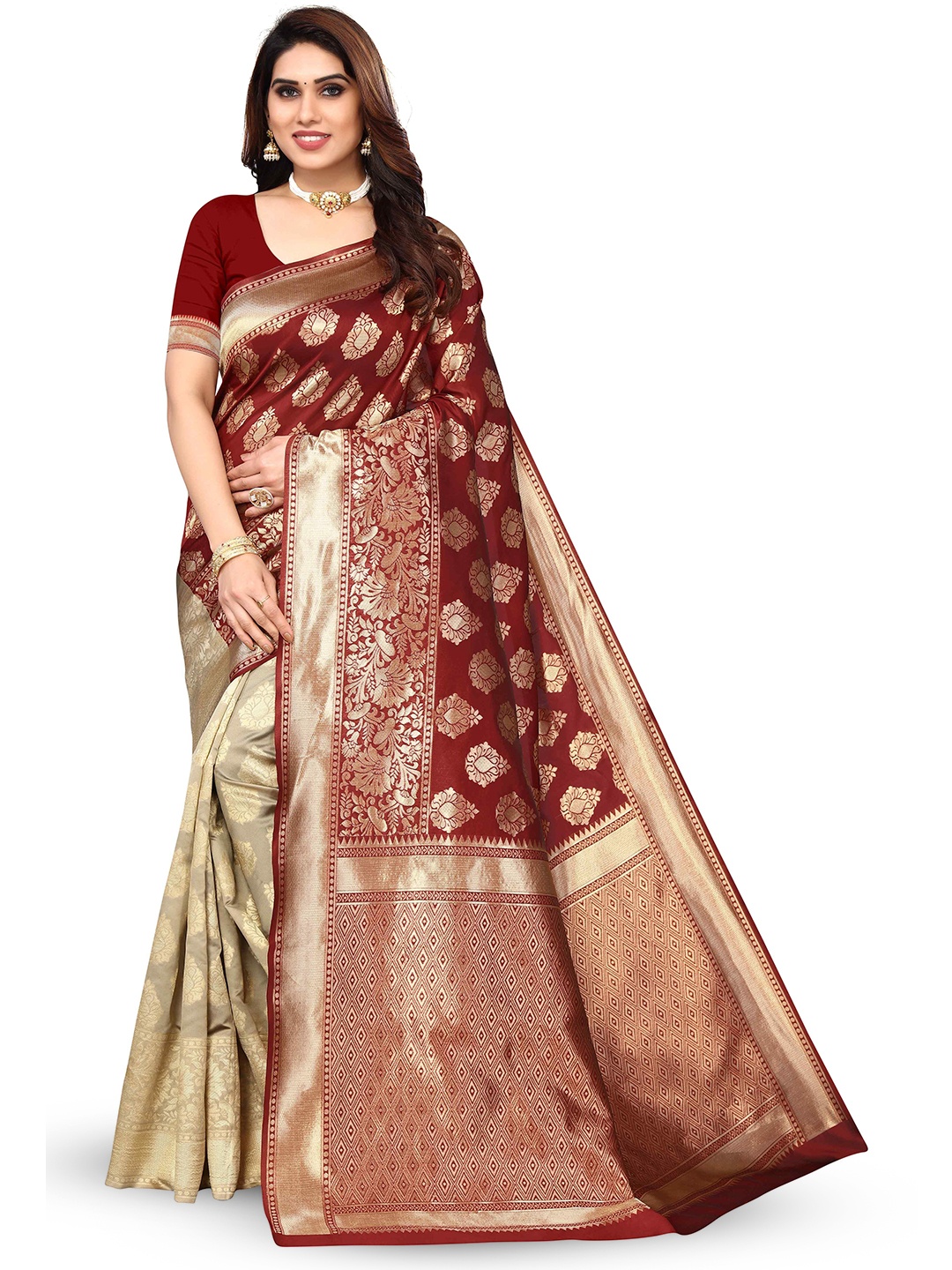 

KALINI Woven Design Zari Kanjeevaram Saree, Maroon